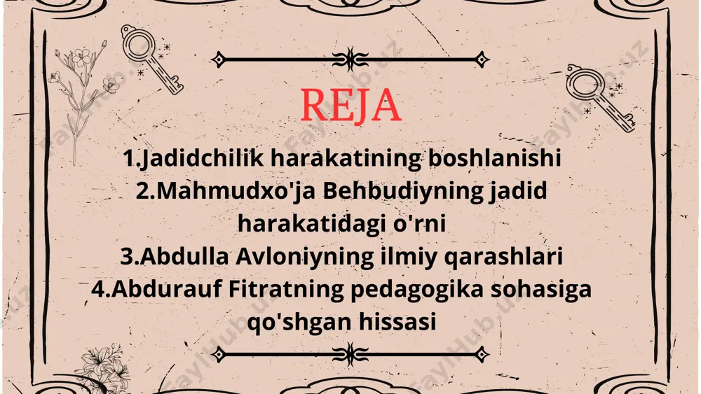 i dam olinishi -shogirtlarni urish va so'kish befoydaligi behbudiy behbudiy turkistonda jadidchilik harakati asoschisi atoqli jamoat arbobi buyuk islomshunos.olim behbudiy 1875-yil 19-yanvarda samarqandda ruhoniy oilasida tavalllud topgan.behbudiy yurtimizda "usuli jadid" maktablari ochilishiga katta hissa qo'shgan inson hisoblanadi. bu maktablar ochilishi uchun bor kuchini sarflaydi, bu maktablarni kerakli darslik bilan ta'minlashda ham birinchilardan bo'ladi vag bepul kutubxonalar tashkil qiladi. behbudiy bu maktablar usul bir necha darsliklar yozadi. *muxtasari tarixi islom(islomning qisqacha tarifi) *madxali jo'g'rofiya umroniy(islomning qisqacha tarixi) amaliyoti islom behbudiy axloq va tarbiyaning asosi maktab,barcha ilmning boshi va ibtidosi maktab saodatning fozil insonning ma'naviy chashmasi maktab degan aqidaga amal qilardi. behbudiy ijodiy faoliyatida bosh masala-turkistonda maorif taraqqiyotidir.u dunyoda turmoq uchun dunyoviy fan va ilm lozimdir deb hisoblaydi.behbudiy turkistonda ilmsizlik jaholatidan qutqarish uchun eski maktabni isloh qilish zarurligini isbotlab,usuli jadidga asos soldi.behbudiyning g'oyalari milliy pedagogika tarixiga qo'shilgan ulkan hissadir.uning pedagogik fikrlari faqat u yashagan davr uchungina emas balki hozirgi yoshlar tarbiyasida ham …
