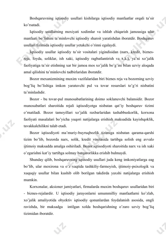 usullar bilan kushib olib borilgan takdirda yaxshi natijalarga erishish mumkin. korxonalar, aksioner jamiyatlari, firmalarda muxim boshqaruv usullaridan biri - biznes-rejalardir. u iqtisodiy jarayonlarni umummilliy manfaatlarni ko’zlab, xo’jalik amaliyotida obyektiv iqtisodiy qonunlardan foydalanish asosida, ongli ravishda, bir maksadga intilgan xolda boshqarishning o’zaro uzviy bog’liq tizimidan iboratdir. biznes-reja vositasida xal etiladigan asosiy vazifalar quyidagilardan iborat: iqtisodiyot rivojlanishi yunalishlari va maksadlarni amalga oshirish yo’llarini ko’rsatish, iqtisodiyotning barqaror, mutanosib usishini ta’minlash, moddiy, mexnat va moliyaviy resurslarni tarmoqlar va ishlab chiqarishlar urtasida taksimlash va qayta taksimlash, fan-texnika tarakkiyoti yutuklarini joriy etishni ta’minlash; tarmoqlararo integrasiya, tarmoq ichida ixtisoslashuv va sanoat kooperasiyasini chukurlashtirish; xo’jalik yurituvchi subyektlar faoliyatini tezkor tartibga solish va koordinasiya qilish. biznes-reja korxona, aksionerlar jamiyati, konsernlar faoliyatining xamma tomonlarini: maxsulot ishlab chiqarish va sotish; moddiy-texnikaviy ta’minot va ishlab chiqarish fondlaridan foydalanish, mexnat va ish xaki, jamoada ijtimoiy jarayonlar va x.k.larni kamrab oladi. bozor munosabatlari sharoitida ularga rejalashtirish borasida keng xuquqlar beriladi. 2. boshqaruvning tashkiliy farmoyish …