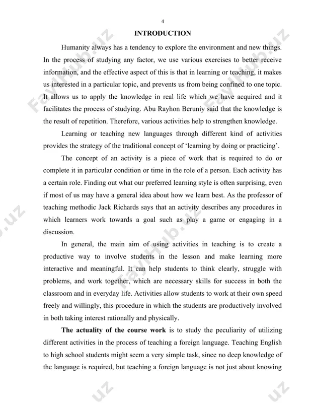 eraction and meaning to the learning process. it provide for critical thinking, problem-solving and teamwork in students - all of which are crucial abilities for success when studying foreign languages. there are different teaching tools and tactics of foreign language teaching. an english teacher teaches, explains and develops skills and abilities with the help of them. if they are lacking or absent, it will be necessary for us to provide complete practical knowledge in english, educate students and give them support. the use of tools helps to quickly understand, work consciously and they can restore memory. the usage of various activities is one of the most main component of the teaching system. for this reason, the role of activities is important. in recent times, some methodologists have focused on the use of activities and materials that related to them in english language teaching. it is classified as follows: activities are …