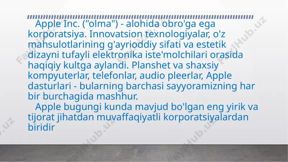 r bo'ldi. 1970-80-yillar oxirida apple markali besh milliondan ortiq elektron mashinalar sotildi. 1980 -yillarda kompaniyaning rivojlanishi 1984 yilda apple-ning asl mahsulotlari yangi 32-bitli macintosh kompyuterlari bilan kengaytirildi. yigirma yil davomida bunday uskunalarni ishlab chiqarish va sotish kompaniyaning asosiy faoliyatini belgilab berdi. u faqat korporatsiyaning markali mahsulotlari bilan mos keladigan apple operatsion tizimi o'rnatilgan motorola protsessorlari asosida kompyuterlar ishlab chiqargan. bundan tashqari, kompaniya an'anaviy ravishda ta'lim, hukumat, dizayn va nashriyotda kuchli mavqega ega bo'lgan. keyinchalik apple musiqa sanoatida yetakchilikni qo'lga kiritdi. kompaniya birinchi bo'lib o'z texnologiyasini kompyuter sichqonchasi va foydalanuvchi grafik interfeysi bilan jihozladi. 1985 yilda reygan voznyak va djobsni texnologik taraqqiyot uchun medallar bilan taqdirladi. kompaniya asoschilari - stiv djobs va stiv voznyak 1971 yilda uchrashishgan. apple rasmiy ravishda 1976 yilda tashkil etilgan, garchi birinchi kompyuterlar bir necha yil oldin uning asoschilari tomonidan yig'ilgan va sotilgan. 1977 yilda chiqarilgan apple ii millionlab nusxada chiqarilgan birinchi shaxsiy kompyuter edi. 1984 yilda …