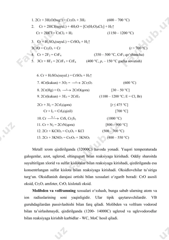 ib ketishi misning jigardan va suyaklardan siqib chiqarilishiga olib keladi. mis va molibden ta’sirlashsa, oshqozon-ichak traktida qiyin eriydigan cumoo4 hosil boʻlishiga olib keladi. molibden koʻpayib ketganda ana shu antogonistik ta’sirdan foydalaniladi, ya’ni mis preparatlari kiritiladi va natijada molibdenning organizmdagi miqdori kamayadi. vоlfrаm odam organizmida 10-6-10-7% miqdorda boʻladi. uning asosiy miqdori bosh miyadа saqlanadi. shu bilan birga jigar va suyaklarda yigʻiladi. uning organizmdagi vazifasi oʻrganilmagan. vоlfrаm va molibdenning atom va ion oʻlchamlari oʻxshash hamda ionlanish energiyasi son jihatidan yaqin, mana shu oʻxshashliklar ularning biologik roli ham oʻxshash ekanini tushuntiradi. vоlfrаm molibden kabi aldegidoksidazani faolligini tiklaydi, ksantogenazaning va qondagi ishqoriy fosfatazaning (fermentlarni nomlashda ularning bajaradigan faoliyatiga “aza” qoʻshimchasi qoʻshiladi) faolligini susaytiradi. ushbu guruh elementlarining organizmdagi ahamiyati ularning bioligandlar bilan kompleks hosil qilishiga boʻlgan moyilligi bilan tushuntiriladi. xalq xoʻjaligidagi oʻrni cr, mo va w metallurgiyada keng ishlatiladi. bu metallar poʻlatlar va qotishmalarning korroziyaga oʻta^ barqaror, qattiq va issiqlikka chidamli xossalarga ega boʻlgan r^ …