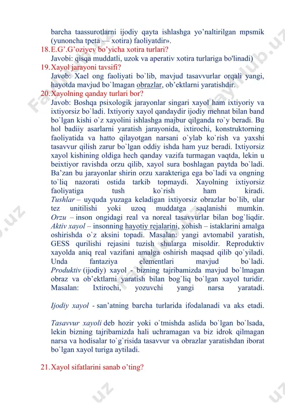 bo`lgan kishi o`z xayolini ishlashga majbur qilganda ro`y beradi. bu hol badiiy asarlarni yaratish jarayonida, ixtirochi, konstruktorning faoliyatida va hatto qilayotgan narsani o`ylab ko`rish va yaxshi tasavvur qilish zarur bo`lgan oddiy ishda ham yuz beradi. ixtiyorsiz xayol kishining oldiga hech qanday vazifa turmagan vaqtda, lekin u beixtiyor ravishda orzu qilib, xayol sura boshlagan paytda bo`ladi. ba’zan bu jarayonlar shirin orzu xarakteriga ega bo`ladi va ongning to`liq nazorati ostida tarkib topmaydi. xayolning ixtiyorsiz faoliyatiga tush ko`rish ham kiradi. tushlar – uyquda yuzaga keladigan ixtiyorsiz obrazlar bo`lib, ular tez unitilishi yoki uzoq muddatga saqlanishi mumkin. orzu – inson ongidagi real va noreal tasavvurlar bilan bog`liqdir. aktiv xayol – insonning hayotiy rejalarini, xohish – istaklarini amalga oshirishda o`z aksini topadi. masalan: yangi avtomabil yaratish, gess qurilishi rejasini tuzish shularga misoldir. reproduktiv xayolda aniq real vazifani amalga oshirish maqsad qilib qo`yiladi. unda fantaziya elementlari mavjud bo`ladi. produktiv (ijodiy) xayol - bizning tajribamizda mavjud bo`lmagan …