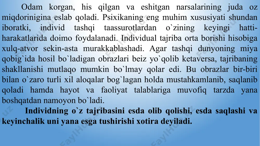 irada mustahkam muhrlagan bo`lamiz. qiziqish qonuni. anatol frans «bilimlarni yaxshi hazm qilish uchun uni ishtaha bilan yutish kerak» deganda, albatta, materialga jonli qiziqish bilan munosabatda bo`lishimiz va uni yaxshi ko`rishimiz kerakligini nazarda tutgan. ilgarigi bilimlar qonuni. ma‘lum mavzu yuzasidan bilimlar qanchalik ko`p bo`lsa, yangisini esda saqlab qolish shunchalik oson bo`ladi. masalan, ilgari o`qigan biror kitobni qaytadan o`qib, uni yangidan o`qiyotganday his qilsangiz, siz ilgarigi tajribangizni his qilishingiz mumkin. demak, eski bilimlar tajribaga aylangandagina yangilariga zamin bo`la oladi. eslab qolishga tayyorgarlik qonuni. biror materialni eslab qolishdan avval, bo`lg`usi aqliy ishga qanday hozirlik ko`rgan bo`lsangiz, shunga mos tarzda eslab qolasiz. agar materialni mutaxassis bo`lishim uchun juda kerak deb, muhimligini anglasangiz, u narsa xotirada muhim saqlanadi. assotsiatsiyalar qonuni. bu qonun haqida eramizdan avval arastu ham yozgan. qonunning mohiyati shundaki, bir vaqtda shakllangan tasavvurlar xotirada ham yonma-yon bo`ladi. masalan, muayyan xona o`sha yerda ro`y bergan hodisani ham eslatadi. ketma-ketlik qonuni. harflarni alifbodagi tartibida yoddan …