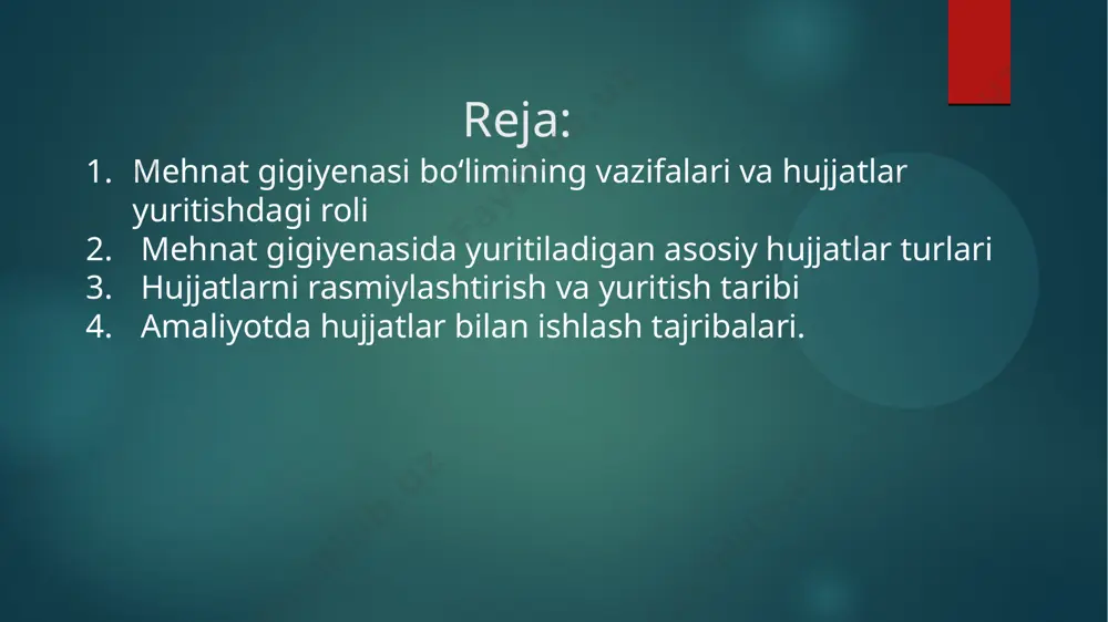 ga ekanligi ko‘rsatilgan. 39-moddada har bir shaxs qariganda,mehnat layoqatini yo‘qotganda va boshqa hollarda ijtimoiy ta’minot olish huquqi ko‘rsatilgan. 40-moddada malakali tibbiy xizmatdan foydalanish huquqi. 65-moddada onalik va bolalikning davlat tomonidan himoyalanganligi ko‘rsatilgan. sanitar qoida va me’yorlar (san q va m) va gigiyenik normativlar (rem. red). bular sanitar qonunchilikka rioya etilishini tekshirganda sanitariya nazorati organlari tomonidan o‘tkaziladigan osn va jsn da qo‘llaniladi. bundan tashqari bu normativlardan loyiha va konstruktorlik tashkilotlarida, tabiat muhofazasi tashkilotlarida, ekologlar, gidromet xizmat, mehnat vazirligi, kasaba uyushmasi organlari va boshqalar foydalanadi. davlat mehnat xavfsizligi standartlari sistemasi (davst, mxsk). mehnat xavfsizligi sohasida standartlashtirish kompleks standartlarni o‘z ichiga oladi. standartlashtirish konstruktorlar, gigiyenistlar va ishlab chiqaruvchilar uchun mo‘ljallangan. ularda xavfli va zararli omillarning tasnifi, me’yorlari, o‘lchash usullari, xavfsizlik choralar, ishlab chiqarish jarayoniga va jihozlariga xavfsizlik talablari berilgan. mehnat gigiyenasi shifokori o‘z faoliyati davomida 3 guruh mehnat faoliyat ishlari bilan shug‘ullanadi: bu - tashkiliy uslubiy ishlar (tui); - ogohlantiruvchi sanitariya nazorati (osn); …