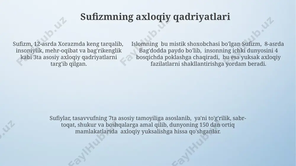 lab yangi avlod sufiylarini yetishtirish imkonini beradi. turkiya, misr va pokiston kabi mamlakatlarda sufiylik tarixiy markazlari zamonaviy talablarga moslashtirilmoqda, 100 dan ortiq yangi madrasalar va markazlar ochilishi rejalashtirilgan. sufizm va she'riyat 20-asr boshlarida, turkiston hududida paydo bo'lgan yangi she'riy oqimlar, sufizmning metaforik tili va mistik ruhiyatini zamonaviy badiiy ifoda usullarida aks ettirishga harakat qildi. navoiy asarlarida, ayniqsa "xamsa"sida, sufizimning falsafiy tamoyillari va tasavvuf yo'lining ramzlari, 5 ta doston orqali 15-asr buxoro madaniyatiga boy ranglar qo'shgan. navoiy asarlarida, ayniqsa "xamsa"sida, sufizimning falsafiy tamoyillari va tasavvuf yo'lining ramzlari, 5 ta doston orqali 15-asr buxoro madaniyatiga boy ranglar qo'shgan. sufizm va san'at 20-asrning ikkinchi yarmidan boshlab, turkistonning ayrim shaharlarida, jumladan toshkentda, zamonaviy sufiylik musiqasi va raqslari yangi avlod rassomlariga ilhom manbai boʻlgan. 15-asrda samarqandda yashab ijod qilgan navoiy, sufiylik gʻoyalarini oʻzining 300 dan ortiq sheʼrlari va dostonlarida, jumladan "xamsa"sida ifoda etgan. buxoro madrasalarida 18-asrda oʻqitilgan tasavvuf falsafasi, miniatura sanʼatiga, xususan, 20 dan ortiq …