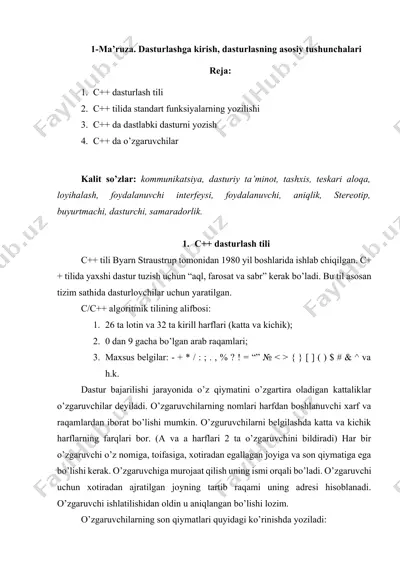 c++ dasturlashga kirish, dasturlasning asosiy tushunchalari — DOCX