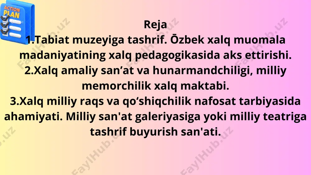 aqiqatdan qarsakka loyiq bōlishadi. yana bir ahamiyatli tomoni shundaki raqqosaning yuzidagi ifoda qōshiqning ma'nosini anglatishi kerak. masalan: raqqosa shōx lazgiga raqs tushyabdi ammo yuzidan qayğu ifori kelmoqda. qoʻshiqchilik sohasida ham nafosat katta oʻrin tutadi. ularga qoʻyiladigan talab shuki, qōshiq matnida ma'no bōlishi kerak va qōshiqchi uni qanaqa ohangga tushsa, shunday kuylashi kerak. ammo kōp qōshiqchilarda bunday hislatlar deyarli yōq. lekin gap shundaki hozirgi zamon talablari 2-talab ado etilsa ham u trend qōshiqqa aylanishi mumkin. masalan:"kōk jiguli". aslida qōshiqda ma'no yōq. ammo qoʻshiq yaxshi ijro etilgani birinchi talabni ham yopib ketadi. ōzbekistonda asta-sekin rivojlanib kelayotgan soha bu milliy san'at galeriyasiga yoki milliy teatriga tashrif buyurish san'ati. oʻzbekistonda milliy san'at galeriyasi kam hamda kam insonlargina u yerga borishadi. teatr ham xuddi shunday holatda. savol ōzbekistonda milliy san'at galeriyasi va san'at teatriga tashrif buyurish san'atini kõpaytirish uchun nima qilish kerak?