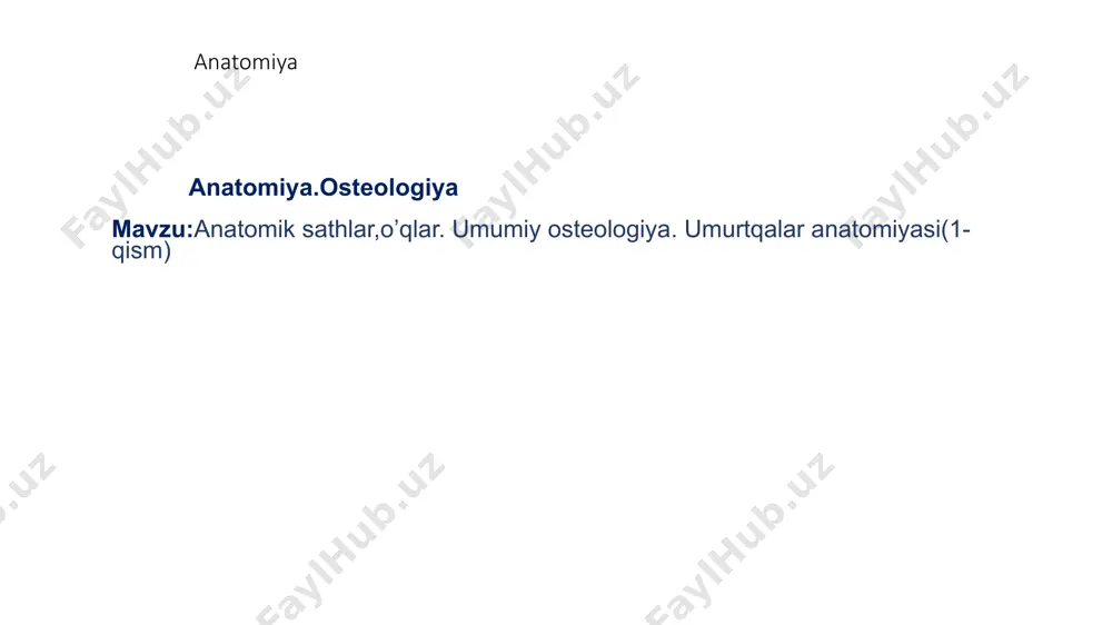 alis (7) ko’krak|v. thoracicae (12) bel|vertebrae lumbales (5) qo’shilib ketgan dumg’aza|os sacrum (5) dum|os coccygis (3-5) umurtqa pog’onasi umurtqalar umurtqa tanasi| corpus vertebrae umurtqa yoyi| arcus vertebrae umurtqa o’siqlari| processus vertebrae umurtqalarning umumiy tuzilishi i.corpus vertebrae ii.arcus vertebrae lamina arcus vertebrae pedunculi arcus vertebrae foramen vertebrale processus spinosus processus articularis superior et inferior processus transversus iii.processus vertebrae processus spinosus processus transversus processus articularis foramen intervertebrale facies articularis superior facies aricularis inferior bo’yin umurtqalari tuzilishiga ko’ra tipik atipik corpus vertebrae foramen vertebrale processus spinosus processus articularis processus transversus tipik bo’yin umurtqalarining boshqa umurtqalardan farqi corpus vertebrae foramen vertebrale processus spinosus processus articularislar frontal va gorizontal tekislik orasida joylashgan processus articularis processus transversus processus tuberculum anterior processus tuberculum posterior foramen transversarium sulcus nervi spinalis a.vertebralis a.caroticus processus transversus sulcus nervi spinalis yo’q tuberculum posterius et anterius yo’q atipik bo’yin umurtqalarining tipik bo’yin umurtqalardan farqi tipik atipik atlasning tuzilishi qismlari arcus anterior massae …