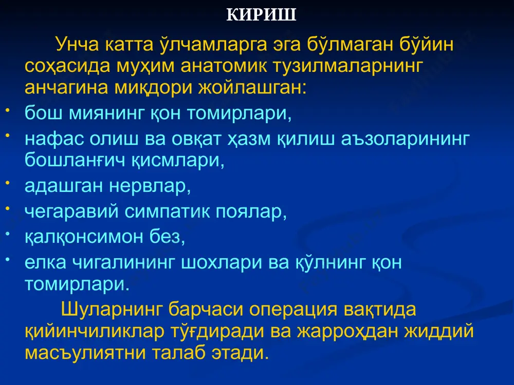 bo'limi – «xirurgik xavf zonasi», u jarrohdan yaxshi topografik bilimni, ya'ni tashqi mo'ljallarni, qon tomir va nervlarning individual va yoshga oid o'zgarishlarini bilishni taqozo qiladi. e'tiboringiz uchun raxmat! image1.png image2.png image3.png image4.jpeg image5.png image6.png image7.png image8.jpeg image9.jpeg image10.jpeg image11.png image12.png image13.png image14.png image15.png image16.png image17.png image18.png image19.png image20.png image21.png image22.png image23.png image24.png image25.png image26.jpeg image27.jpeg image28.png image29.png image30.jpeg image31.png image32.png image33.jpeg image34.jpeg image35.jpeg image36.png image37.png image38.png image39.png image40.png image41.png image42.png image43.png image44.jpeg image45.png image46.jpeg