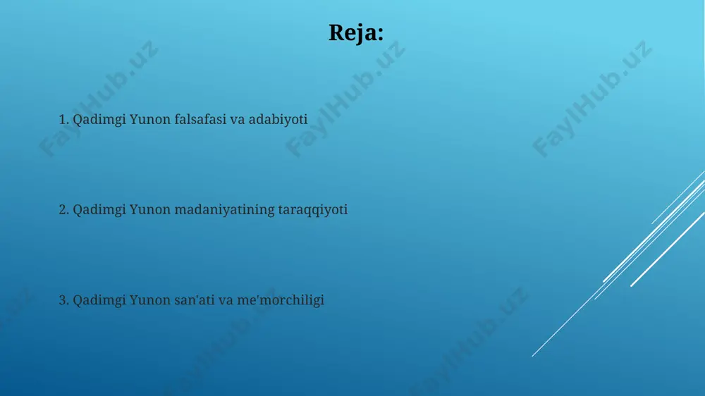 amfiteatrlarining 50 000 dan ortiq tomoshabinga sig'imi borligi ma'lum bo'lib, ularning akoustikasi ajoyib edi va teatr san'atining rivojlanishiga katta hissa qo'shgan. qadimgi yunon fan va texnologiyasi qadimgi yunon olimlari, masalan, arximed (miloddan avvalgi 287-212-yillar), murakkab mexanizmlar, shu jumladan, ko'tarish qurilmalari va suv soatlarini ixtiro qilib, matematika va mexanika sohalarida katta yutuqlarga erishdilar. antikythera mexanizmi (miloddan avvalgi 100-yillar), antikythera oroli yaqinida topilgan murakkab astronomik asbob, yuqori darajadagi texnologik mahoratni va planetlarning harakatini hisoblashdagi murakkab matematik bilimlarni namoyish etadi. qadimgi yunon siyosati spartada, miloddan avvalgi 8-asrda paydo bo'lgan oligarxik tuzumda, 28 ta gerusiya a'zolari (60 yoshdan oshgan erkaklar) davlatning muhim qarorlarini qabul qilishda hal qiluvchi rol o'ynagan. qadimgi yunonistonning 5-asrda afina demokratiyasi 100 000 dan ortiq erkak fuqarolarga to'g'ridan-to'g'ri ishtirok etish imkoniyatini berdi, ammo ayollar, qullar va xorijliklar siyosiy jarayonga jalb qilinmagan. qadimgi yunon san'ati qadimgi yunon amforalari, miloddan avvalgi 6-5-asrlarga oid bo'lib, 50 dan ortiq turdagi naqshlar bilan bezatilgan va ularning …