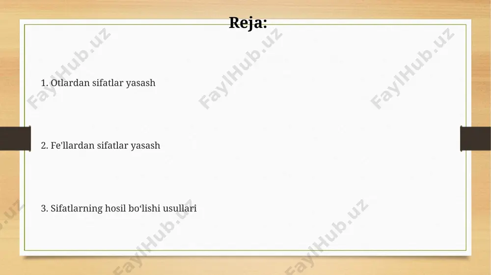 di, lekin boshqa qo‘shimchalar ham qo‘llanilishi mumkin. qoʻshimchalar yordamida sifat hosil qilish -ovchi/-uvchi qo'shimchalari fe'llardan sifat hosil qilishda ishlatilib, bajaruvchi yoki egalik munosabatini bildiradi. masalan, "o'qiydi" fe'lidan "o'qituvchi" (o'qituvchi talaba) sifati hosil bo'ladi. bunday sifatlar 1 ta fe'ldan hosil bo'ladi. ba'zi qo'shimchalar, masalan, -gan,-kan,-gin qo'shimchalari sifatlarga qo'shilib, ularning darajasini, intensivligini oshiradi. masalan, "katta" sifatiga "-roq" qo'shilsa, "kattaroq" sifati hosil bo'ladi. bu 1 daraja intensivlikni bildiradi. -li/-siz qo'shimchalari sifatlarni otlardan hosil qilishda keng qo'llaniladi. masalan, "suv" otidan "suvli" (suvli yer) va "suvsiz" (suvsiz cho'l) sifatlari hosil bo'ladi. bu ikki qo'shimcha 2 ta qarama-qarshi ma'noni ifodalaydi. sifatlarning hosil boʻlish yoʻllari ba’zi sifatlar fe’llarga -gan, -uvchi, -ar, -gichi qo‘shimchalarini qo‘shish orqali hosil boʻlib, ularning soni 10 dan ortiq boʻlishi mumkin. masalan, "o‘qigan", "yuguruvchi". sifatlar otlarga -li, -li, -lu, -lik, -chilik qo‘shimchalarini qo‘shish orqali, masalan, "gullu", "yo‘g‘onlik", "odoblilik" kabi 3 ta asosiy usulda hosil boʻladi. sonlarga -marta, -karra qo‘shimchalari qo‘shilishi natijasida sifatlar hosil boʻladi, …