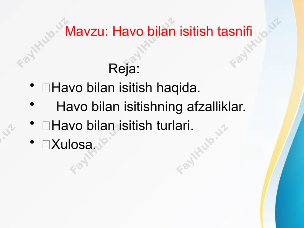 nadi. rossiya, aqsh va boshqa rivojlangan davlatlarda havo bilan isitish tizimi turar joy binolarida ham qoʻllana boshladi. havoni isitish - isitish tizimlarining birinchi turlaridan biri edi. va hozirgacha bunday tizim samaradorligi tufayli mashhur. havoni isitish quyidagi afzalliklarga ega: bunday tizimda samaradorlik issiq suvni isitishdan ko'ra kattaroqdir. quvurlar va isitish radiatorlariga ehtiyoj yo'q. havo tizimida faqat havo kanallarini o'rnatish kerak. havo isitish tizimi ko'pincha konditsioner tizim bilan birgalikda ishlatiladi. shuning uchun, siz isitiladigan havo o'rniga toza havo olishingiz mumkin. issiq havo xona bo'ylab teng taqsimlanadi. havo muntazam tozalanadi va o'zgartiriladi. shu sababli, xonada har doim qulay muhit bo'ladi, bu xodimlarning ishiga ijobiy ta'sir ko'rsatadi. bunday isitish tizimi mexanik va tabiiy havo induktsiyasidan iborat. tabiiy qabul qilish bilan iliq havo atrofdan tortib olinadi. tashqarida qattiq sovuqda ham issiq bo'ladi. mexanik induksiyon - xonani isitish va etkazib berish uchun havo kanali orqali sovuq havoni qabul qilish. katta sanoat binolarini isitish uchun havo isitish …