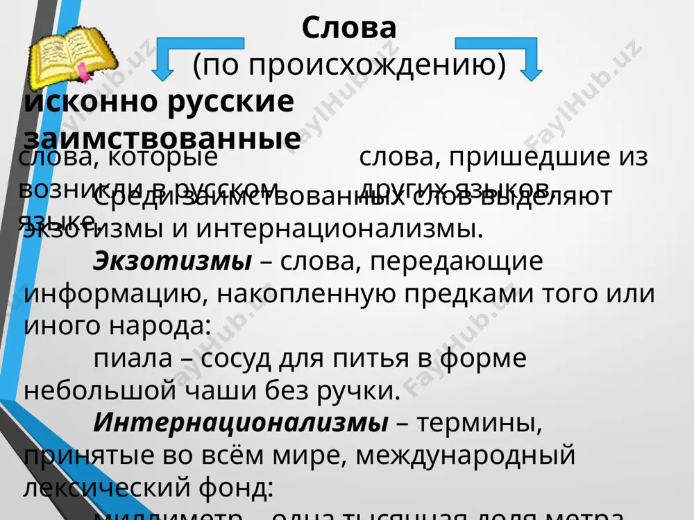 истическому употреблению. стилистические признаки в группе славянизмов по происхождению учёный выделял: старославянские слова, русские варианты которых хотя и зафиксированы в древних памятниках, но неупотребительны: благо - болого, влага - волога; старославянизмы, употребляемые наряду с русским вариан-том, имеющим иное значение: гражданин - горожанин, главный - головной, прах - порох, млечный - молочный; старославянизмы, редко употребляемые в современном языке, имеющие русские варианты: брег - берег, глас - голос, врата - ворота, злато - золото, млад - молод. использование слов последней группы (например, в поэзии) стилистически уместно и оправдано. эти славянизмы являются славянизмами и по происхождению, и по стилистическому употреблению. морфемные признаки приставки: воз- (воздать, возвратить), чрез- (чрезмерный); суффиксы: -стви(е) (благоденствие), -ч(ий) (ловчий), -знь (жизнь), -ущ-/-ющ-, -ащ-/-ящ- (сведущий, тающий, лежащий); характерные первые части сложных слов: бого-, добро-, зло-, грехо-, душе-, благо- и т.п. (богобоязненный, злонравие, добродетельный, грехопадение, душеполезный, благословение). лексические признаки церковные термины: священник, крест, жезл, жертва и др.; слова, обозначающие абстрактные понятия: …