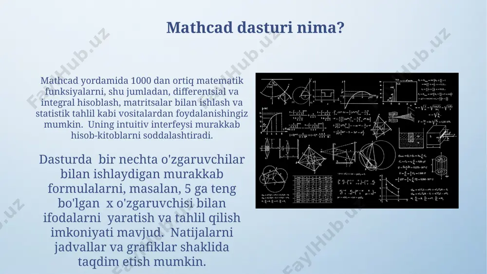 ular 3 o'lchovli vektorlar uchun ham qo'llanilishi mumkin. natijalarni tekshirish uchun qo'shimcha hisob-kitoblarni amalga oshirish shart emas. raqamli hisoblashlar mathcad dasturiy ta'minoti murakkab matematik ifodalarni, masalan, 2x² + 3x - 5 kabi tenglamalarni, sonli hisoblashlarni bajarish va natijalarni vizual ravishda taqdim etish imkonini beradi. raqamli hisoblashlar jarayonida mathcad 10¹² gacha bo'lgan aniqlikdagi sonlar bilan ishlashga qodir bo'lib, bu yuqori aniqlikdagi hisob-kitoblarni talab qiladigan muhandislik va ilmiy loyihalar uchun juda foydalidir. birliklar va o'lchamlar bilan ishlash hisob-kitoblarda turli xil birlik tizimlaridan (si, cgs va boshqalar) foydalanish mumkin va mathcad natijalarni tanlangan birlik tizimida ko'rsatadi. masalan, 1000 grammni 1 kg ga aylantirish mumkin. birliklarni noto'g'ri ishlatish natijasida paydo bo'ladigan xatolarni aniqlash uchun mathcad o'lchovlarni tekshiruv funksiyasiga ega. masalan, uzunlikni vaqtga bo'lishga urinish xato sifatida ko'rsatiladi. simvolik hisoblashlar murakkab integrallarni, masalan, ∫(x³sin(2x))dx ni ramziy hisoblash orqali aniq yechimlarni olish imkoniyati mavjud bo'lib, bu qo'lda hisoblashga qaraganda ancha tezroq va aniqroqdir. mathcad differensial tenglamalarni, …