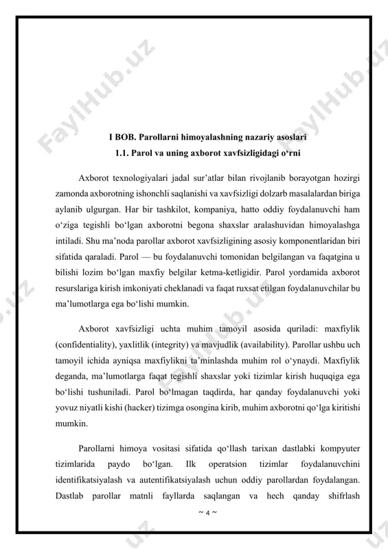 a topiladigan kombinatsiyalar kiradi. bunday parollar esa xakerlar tomonidan ishlatiladigan “dictionary attack” yoki “brute-force attack” usullariga juda zaif bo‘ladi. parolning axborot xavfsizligidagi o‘rnini chuqurroq tushunish uchun uning vazifalari va unga qo‘yiladigan talablarni ko‘rib chiqish zarur. parolning asosiy vazifasi foydalanuvchini identifikatsiyalash va autentifikatsiyalash, ya’ni tizimga kim kirayotganini aniqlash va bu kirish ruxsat etilgan foydalanuvchiga tegishli ekanligini tasdiqlashdan iborat. parol yordamida foydalanuvchining shaxsiy ma’lumotlari, moliyaviy hisoblari, ish hujjatlari, shaxsiy suratlari va boshqa turdagi axborotlari himoyalanadi. agar parol zaif yoki noto‘g‘ri saqlangan bo‘lsa, yovuz niyatli shaxs bu parolni buzib, foydalanuvchining shaxsiy hayotiga yoki biznes faoliyatiga katta zarar yetkazishi mumkin. yuqorida aytilganlardan kelib chiqib, kuchli parol quyidagi asosiy xususiyatlarga ega bo‘lishi lozim: 1. uzunligi kamida 8–12 belgidan iborat bo‘lishi. 2. katta va kichik harflardan aralash foydalanilishi. 3. raqamlar va maxsus belgilar (masalan: !, @, #, $) qo‘shilgan bo‘lishi. 4. oson topiladigan kombinatsiyalar yoki shaxsiy ma’lumotlarga asoslanmagan bo‘lishi (tug‘ilgan sana, ism, familiya va h.k.). 5. …
