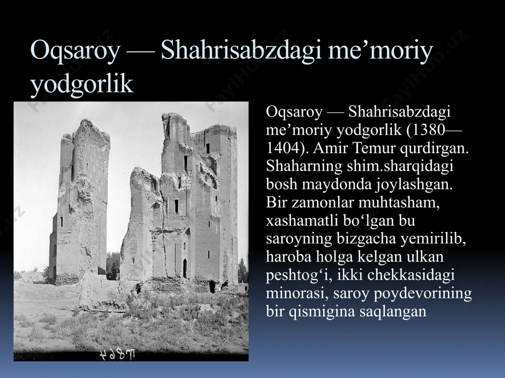 z, bogʻi sheron, gulbogʻ, lolazor, bedana qoʻrugʻi, chumchuqlik, gʻozxona va boshqa shular jumlasidandir. amir temurning bogʻ qurish anʼanasini temuriylardan shohrux, ulugʻbek, bobur va boshqa ham davom ettirishgan. amir temur va temuriylar tеmur va tеmuriylar o‘zlaridan kеyin moddiy madaniyat bobida ulkan mеrosni qoldiradilar. tеmuriylar xalqimizning buyuk mе’morchilik san’ati durdonalarini dunyoning juda ko‘plab qit’alariga tarqatadilar. shoxrux va husayn boyqaro avlodlari, alishеr navoiy xazratlari azmu qarori bilan xurosonning turli shaharlarida barpo etilgan ulkan va go‘zal tarixiy obidalar, boburiylar sulolasining to 1850 yillarga qadar o‘tgan davr mobaynida afg‘oniston, hindiston va pokiston hududlarida yaratgan mе’morchilik san’ati namunalari o‘zining go‘zalligi va hashami bilan shu paytga qadar ham harqanday ko‘zni o‘ziga maftun etib kеlmoqda. bu narsa tеmur va tеmuriylar naslining, siz va bizning qalblarimizda o‘z ota-bobo ajdodlarimiz bilan xaqli suratda g‘ururlanish va faxrlanish xis-tuyg‘usini uyg‘otadi. image2.png image3.png image4.png image5.png image6.png image7.png image8.png image9.png image10.png image11.png image12.png image13.png image14.png image15.png image16.png /docprops/thumbnail.jpeg