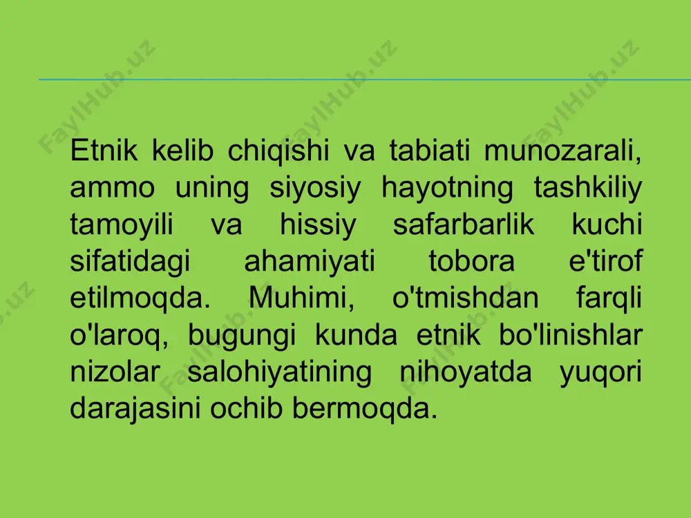 odalangan ijtimoiy vaziyat tushunilishi kerak. boshqa etnik guruhlar va davlat bilan munosabatlar. “etno-milliy mojarolar - bu uyushgan siyosiy harakatlar, tartibsizliklar, separatistik harakatlar va hatto fuqarolar urushlari bunda qarama-qarshilik etnik hamjamiyat chegarasida sodir bo'ladi” 3. ko'pincha bunday nizolar ozchilik va davlatdagi hokimiyat va resurslarni nazorat qiluvchi dominant etnik guruh o'rtasida sodir bo'ladi milliy qarama-qarshiliklarning o'ziga xos xususiyatlari - davomiylik, keskinlik, achchiqlik, millatchilik maqsadlariga har qanday holatda ham erishishga intilish, murosasizlik, muhim insoniy va moddiy qurbonliklar.bu arablar va yahudiylar, kurdlar va turklar o'rtasidagi qarama-qarshilikni aniq tasdiqlaydi. millatlararo ziddiyat va nizolar etnik guruhlarning mavjudligi fakti bilan emas, balki ular yashayotgan va rivojlanayotgan siyosiy, ijtimoiy-iqtisodiy va tarixiy sharoit va sharoitlar bilan yuzaga keladi. aynan shu sharoitda millatlararo nizolarning asosiy sabablari topiladi. shunga ko'ra, sabab va maqsadlarga qarab, etnik nizolar tipologik va tizimlashtirilgan bo'lishi mumkin. har qanday etnik mojaroning zamirida, qoida tariqasida, sabablarning butun guruhi yotadi, ular orasida asosiy va ikkilamchi sabablarni ajratib ko'rsatish mumkin. …