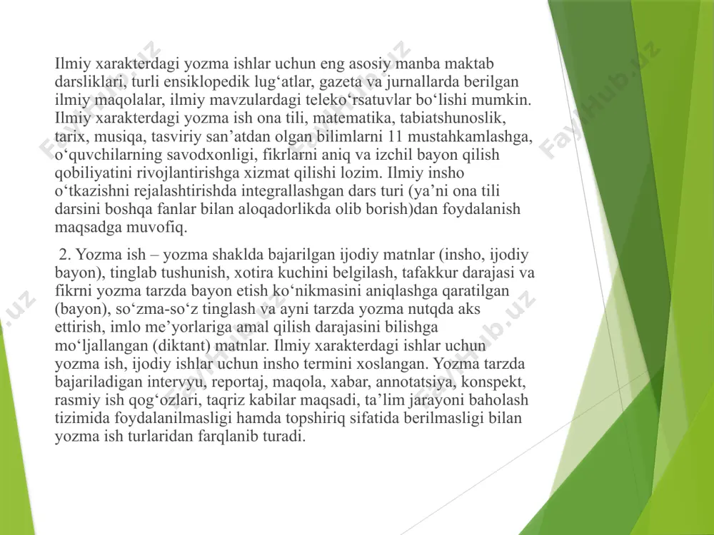 o'z fikrlaringiz bilan sintezlashni o'z ichiga oladi. dissertatsiya . dissertatsiya (yoki tezroq) doktorlik dissertatsiyasining yakunida taqdim etilgan hujjatdir. dasturi. dissertatsiya doktorlik dissertasiyasining tadqiqot natijalarini umumlashtirishi hisoblanadi. akademik yozuvning xususiyatlari ko'pgina ilmiy fanlar o'zlarining noyob uslubiy konvensiyalarini qo'llashadi. biroq, barcha akademik yozuvlar ma'lum xususiyatlarga ega. ochiq va cheklangan e'tibor . akademik hujjatning asosiy mavzusi - argument yoki tadqiqot savolnomasi tezroq bayonot bilan belgilanadi. qog'ozning har bir xatboshi va jumlasi shu asosiy yo'nalishga qayta bog'lanadi. qog'ozda fon yoki kontekstli ma'lumot bo'lishi mumkin, ammo barcha tarkib tezisni qo'llab-quvvatlash maqsadiga xizmat qiladi. mantiqiy tuzilma . barcha akademik yozuv mantiqiy, sodda tuzilishga asoslanadi. oddiy shaklda ilmiy maqola tanqidiy, tanqidiy maqola va xulosani o'z ichiga oladi. kirish introduktsiya ma'lumotlari bilan ta'minlaydi, inshoning ko'lami va yo'nalishini belgilaydi va tezisni bildiradi. akademik yozuvning xususiyatlari tananing paragraflari tezkor bayonnomani qo'llab-quvvatlaydi, har bir organning paragrafi bitta qo'llab-quvvatlash nuqtasini ishlab chiqadi. xulosa tezisiga qaytib, asosiy fikrlarni umumlashtiradi va qog'ozning natijalarini keltirib …
