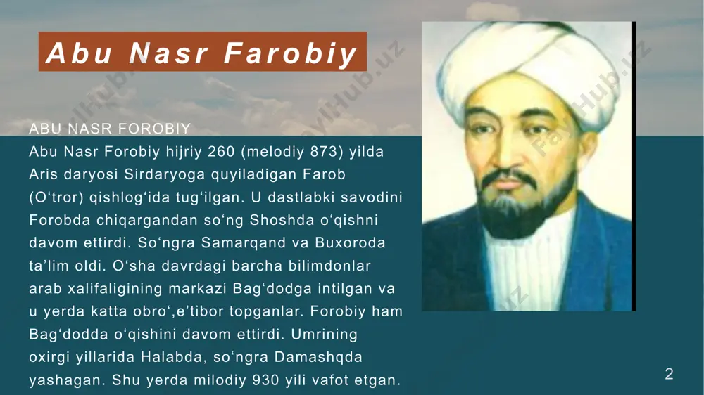 ate abu rayhon beruniy, u. i. karimovning ta’kidlashi- cha, milodiy 973 yilning 4 sentyabrida (hijriy 362 yil zulhijja oyining 2-kunida) xorazmning qadimiy poy- taxti qiyatda tavallud topdi. 1009-1017 yillarda xorazm- shoh abu-l-abbos ma’mun ibn ma’mun saroyida xizmat qilib, katta obro‘-e’tibor qozondi. 1017 yilda mahmud g‘aznaviy xorazmni bosib olgandan so‘ng xorazmdagi bir qancha olimlar qatori beruniy ham g‘aznaga yo‘l olishga majbur bo‘ldi va umrining oxiriga qadar shu yerda ijod qildi slide ‹#› style/presentation template beruniy nomning jamiyat hayotidagi ahamiyatini e’tiborga olib, o‘zining «saydana» asarida ma’lum dorivor moddaning bir necha tillarda qanday nomlanishini bayon qilish bilan birga, har qaysi tildagi mahalliy nomlanishiga ham katta o‘rin beradi. ayrim mutaassib kishilar arab yozuvini alloh tomonidan yuborilgan, deb ilohiy tus berayotgan bir paytda, abu rayhon beruniy har qanday yozuv kabi arab yozuvi ham insoniyatning kashfiyoti ekanligini e’tirof etadi. umrining so‘nggi yillarida mahmud g‘aznaviyning vorisi ma’dud sultonligi davrida 1048 yilda dorivor o‘simliklar, hayvonlar va ma’danlar tavsifiga …