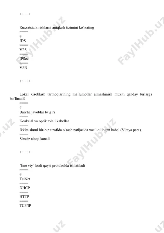 = switch(config-if)#routerport +++++ cisco packet tracer 6.2 dasturida switch qurilmasiga ip adres berish kodi ==== # switch(config-if)#ip address 192.168.1.1 255.255.255.0 ==== switch(config-if)#ip address 192.168.1.1 ==== switch(config-if)#ip address 255.255.255.0 ==== switch(config-if)#ip 192.168.1.1 255.255.255.0 +++++ cisco packet tracer 6.2 dasturida switch qurilmasini aktiv rejimiga o'tkazish kodi ==== # enable ==== conf t ==== on ==== configuration on +++++ cisco packet tracer 6.2 dasturida tarmoq xavfsizligi muammolarini bartaraf etishda qaysi protocoldan foydalaniladi ==== # acl ==== rip2 ==== ospf ==== rip1 +++++ cisco packet tracer 6.2 dasturida tarmoqsiz routerda dhcp service yoqilgan bo'lsa … ==== # router avtomatik tarzda ip adreslarni qabul qiladi ==== mtu avtomatik ravishda sozlanadi ==== host name avtomatik ravishda sozlanadi ==== router avtomatik tarzda xostlar uchun ip adreslarni tarqatadi +++++ concept draw pro - bu nima? ==== # tarmog'ini diagrammasini tuzish uchun kuchli biznes vosita ==== transport paketlarini tuzish uchun kuchli biznes vositasi ==== charting dasturiy ta'minoti ==== internet …