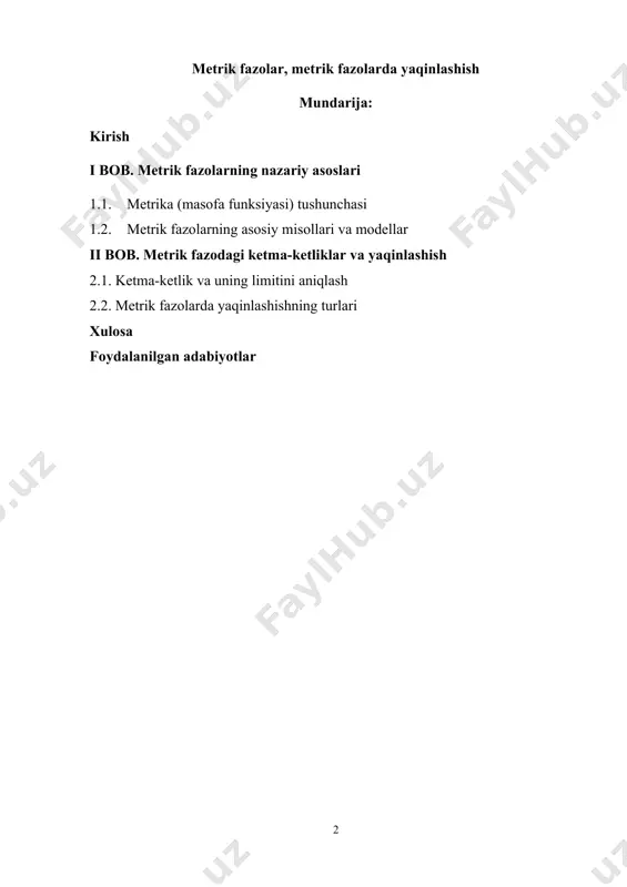 ammolarida muhim rol o‘ynaydi. ushbu kurs ishida metrik fazo va unga bog‘liq asosiy tushunchalar, yaqinlashuv turlari, cauchy ketma-ketliklar va to‘liqlik masalalari nazariy jihatdan o‘rganiladi hamda ular bilan bog‘liq misollar tahlil qilinadi. ishning nazariy ahamiyati bilan bir qatorda, amaliy tomoni ham mavjud bo‘lib, sonli metodlar, algoritmlar tahlili va zamonaviy kompyuter dasturlarida qo‘llanilishi ko‘rsatib o‘tiladi. dolzarbligi. zamonaviy matematik analizda metrik fazolar nazariyasi muhim o‘rin egallaydi. masofa tushunchasining umumlashtirilgan ko‘rinishi bo‘lgan metrikalar orqali ko‘plab matematik tushunchalar — limit, yaqinlashuv, uzluksizlik va to‘liqlik — qat’iy asosda ifodalanadi. metrik fazolardagi yaqinlashuvni o‘rganish matematik tahlil, sonli metodlar, differensial tenglamalar, hamda funksional analiz sohalarida keng qo‘llaniladi. bu mavzu matematika fanining nazariy asoslarini mustahkamlash bilan birga, zamonaviy amaliy sohalarda, xususan, kompyuter fanlari va sun’iy intellektda ham katta ahamiyat kasb etadi. ushbu kurs ishining asosiy maqsadi — metrik fazo tushunchasini, u bilan bog‘liq ketma-ketliklar, yaqinlashuv, cauchy ketma-ketliklari, to‘liqlik va yaqinlashuv turlari kabi asosiy nazariy masalalarni chuqur tahlil qilish va …