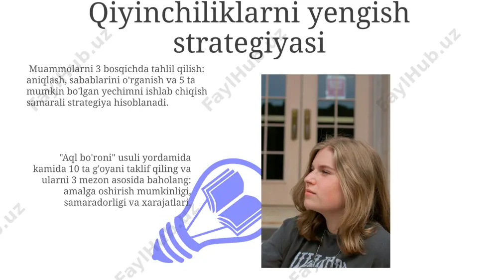 o'lgan ishonchni 20% ga oshirish uchun, o'quvchilarga 5 ta kichik, amaliy maqsadlarni qo'yish va ularga erishgandan keyin o'zlarini mukofotlash tavsiya etiladi. o'zgarishlarga moslashish o'zgarishlarga moslashish jarayoni 3 bosqichdan iborat: tahlil, strategiya ishlab chiqish va amalga oshirish, bu esa muvaffaqiyatga erishish ehtimolini 70% ga oshiradi. o'zgarishlarga moslashuvchanlikni rivojlantirish uchun 2 ta asosiy yondashuv mavjud: proaktiv (oldindan tayyorgarlik) va reaktiv (tezkor javob), har ikkalasi ham turli vaziyatlarga mos keladi. yangi bilimlarni qo'llash 01 02 yangi bilimlarni qo'llashda 3 ta asosiy bosqich mavjud: tushunish, amalda qo'llash va natijalarni tahlil qilish. har bir bosqich kamida 15 daqiqa vaqt talab qilishi mumkin. sales 1st qtr 2nd qtr 100 0 sales 1st qtr 2nd qtr 100 0 xatolarni tahlil qilish samarali xatolar tahlili uchun kamida 5 ta turli manbadan ma'lumot to'plash tavsiya etiladi, masalan: test natijalari, kuzatuvlar, intervyular, so'rovnomalar va hujjatlar. o'rtacha 70% gacha xatolar inson omiliga bog'liq bo'ladi, qolgan 30% esa tizim yoki texnik jihatlarga. …
