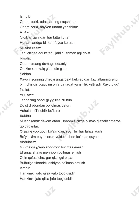 zga boy sizga ayon xoynaxoy bu tilda so’zlaganlar bulbullar qilar xanda men shu tilda so’zlayman va shu tilda kuylayman. shahzoda: bilmay qanday ayol bo’lgan alisherning onasi balki uning aqli lol qolgan zamonasi, balki uning ko’zlarida bo’lgan og’ir bir hayol balki g’amdur bir zamondur balki sho’hchandur bir ayol o’gil bolalar raqsi: «choyhona» xadicha: buyuk siymolarim doim qalbimizdadur kim erursan sen o’zin, gar o’zliging bilmasang asli zoting kim, eling kim o’z tilingni bilmasang qay kuni kelding jahonga ota-onang kim erur mir alisher, shox mashrab, bedilingni bilmasang а.azizbek: navoiyning g’azali bu tilda ko’p mazali tilin sotganlarni gunohga botganlarni bo’lding deya havoi kechirmagay navoiy ismoil: tarix sahifasida temurning nomi unga tole bitmish taqdir qalami kimningdir menda ham bordur alami jahonni titratgan sohibqironim o’zbekistonim м. sevinch: el qalbida buyuk insonlar qoldi metinday mustahkam iymonlar qoldi toshlar cho’kib ketdi ummonlar qoldi o’ldirganlar o’ldi, cho’lponlar qoldi abdulla qodiriy, fitrat, usmonim o’zbekistonim a. navoiy: barakallo ofarin nuridiydalarim, meni …