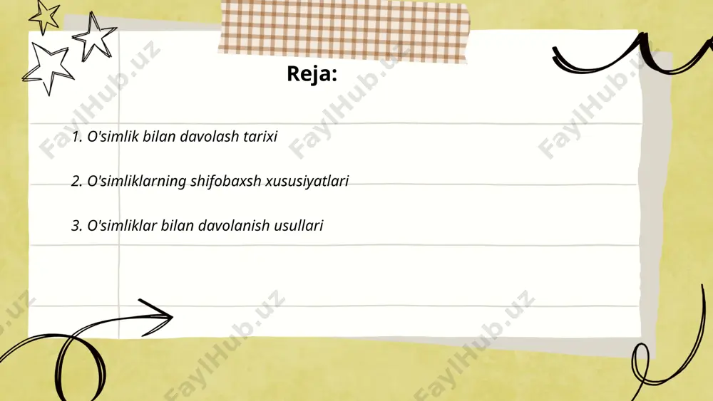 imlik turlari uchraydi. ularning qariyb 60% sog'liqni saqlashda qo'llaniladi. masalan, romashka choyi qorin og'rig'iga yordam beradi, shuvoq esa hazm jarayonini yaxshilaydi. o'simliklar bilan davolash amaliyoti xavfsiz bo'lib, kamdan-kam holatlarda nojo'ya ta'sir qiladi, ammo har doim shifokor bilan maslahatlashish tavsiya etiladi. ... t.me/slaydai_bot 4. an'anaviy va zamonaviy o'simlik dorilari an'anaviy o'simlik dorilari uzoq tarixga ega bo'lib, ko'plab xalq tabobatlarida qo'llaniladi. misol uchun, ginseng va zanjabil kabi o'simliklar an'anaviy xitoy tabobati, ajriq esa markaziy osiyo tabobatida mashhurdir. zamonaviy o'simlik dorilari esa ilmiy tadqiqotlar natijasida yaratilgan dorilar bo'lib, ular ko'pincha o'tlar ekstrakti yoki sintetik versiyalarini o'z ichiga oladi. bugungi kunda bozor o'simlik dori mahsulotlari taxminan 80 milliard aqsh dollariga tengdir va bu raqam yildan-yilga oshmoqda. ko'pincha ularning samaradorligi va xavfsizligi ilmiy tadqiqotlar orqali isbotlanadi. har ikkala turdagi dorilar ham organizmga turlicha ta'sir qilishi mumkin va ularning qo'llanilishi tibbiy maslahat bilan amalga oshirilishi lozim. ... t.me/slaydai_bot o'simliklarning kimyoviy tarkibi asosan suv, organik va anorganik …