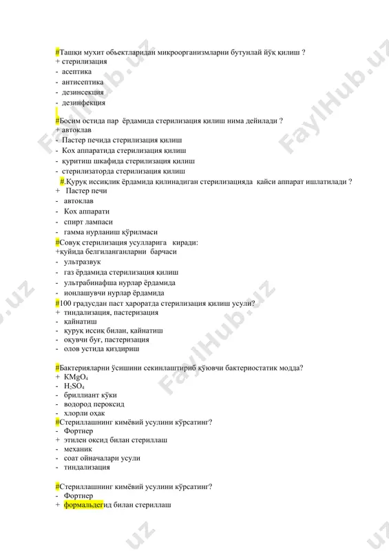 градусдан паст ҳароратда стерилизация қилиш усули? + тиндализация, пастеризация - қайнатиш - қуруқ иссиқ билан, қайнатиш - оқувчи буғ, пастеризация - олов устида қиздириш #бактерияларни ўсишини секинлаштириб қўювчи бактериостатик модда? + кмgо4 - н2sо4 - бриллиант кўки - водород пероксид - хлорли оҳак #стериллашнинг кимёвий усулини кўрсатинг? - фортнер + этилен оксид билан стериллаш - механик - соат ойначалари усули - тиндализация #стериллашнинг кимёвий усулини кўрсатинг? - фортнер + формальдегид билан стериллаш - пастеризация - соат ойначалари усули - механик #автоклавда стериллаш қандай олиб борилади? - чўғлантириш - қайнатиш усули + буғ босими остида - қиздирилган қуруқ ҳаво таъсирида - пастеризациялаш #дезинфекция деб нимага айтилади? + микроорганизмларни кимёвий моддалар билан йўқ қилиш - физик таъсирлар билан микроорганизмларни йўқ қилиш - биологик таъсирлар билан микроорганизмларни йўқ қилиш - қуруқ иссиқ ҳаво оқимини ўтказиш - микробларни объектдан бутунлай йўқотиш #.дезинфекция учун ишлатиладиган моддани кўрсатинг? - сув + совун - ультратовуш - ультрабинафша …