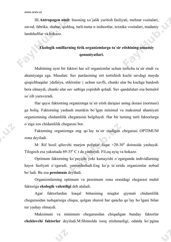 sifikastiya qilsak, turli xil sinfga kiruvchi turlar 1 ta ekologik guruh kiritiladi. m: suvda raketasimon harakat qiluvchilarga medo`zalar, bosh oyoqli mollyuskalar, xivchinlilar, yndo`z, beshiktervat lichinkalari va hokazo. xullas, turli-tuman ekologik faktorlarga ko`ra klassifikastiya qilish mumkin yoki yana bir misol organizmlarni oziqlanish harakteriga ko`ra klassifikastiya qilamiz. 1.avtotroflar – 2 ga fototrof va xemotroflarga bo`linadi. 2.geterotrof 1.a) fototroflar organik modda qilishda quyosh yoruligidan foydalanadi. b) xemotroflar – ximiyaviy reaktsiya energiyasidan foydalanadi. 2.a) saprofitlar – oddiy organik birikmalar bilan oziqlanadi. b)golozoy- murakkab organik birikmalar bilan oziqlanadi. golozoy organizmlar ham o`z navbatida qo`yidagi guruhlarga bo`linadi. a)saprofitlar o`simliklarni chirigan qoldiqlari bilan oziqlanadi. b)fitofag tirik o`simliklar bilan oziqlanadi. v)zoofag tirik hayvonlar bilan oziqlanadi. g)nekrofag o`limtiklar bilan oziqlanadi. hayvonlarni oziqni tutishiga qarab ham ekologik klassifikastiya qilish mumkin. m:fil`troterlar kichik qisqichbaqalar, baqachianoq kit va hokazo. kavsh qaytaruvchilar, kavsh qaytarmovchilar, ovchilar va hokazo. tayanch iboralar: muhit, tabiiy va sun`iy muhit; suv, quruqlik havo, tuproq va tirik organizmlar muhiti; moslashish; …