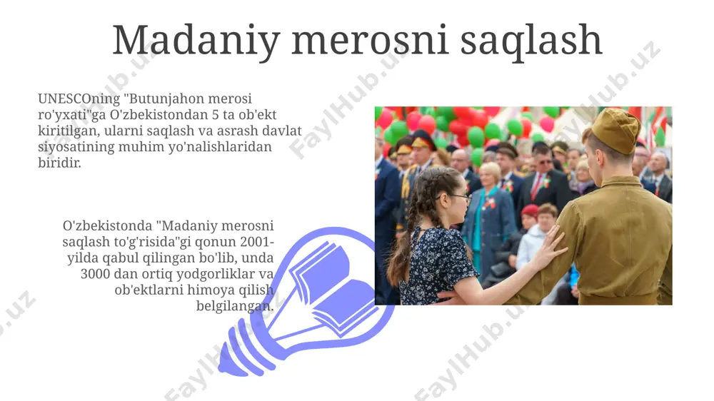 vni rag'batlantirish va umuminsoniy qadriyatlarni tarannum etish uchun platforma yaratadi. madaniy tadbirlarning kelajagi 01 02 madaniy merosni saqlash maqsadida kelajakdagi tadbirlarning 60 foizi raqamlashtiriladi. bu orqali nodir artefaktlar va an'analarni 100 yildan ortiq muddatga saqlash va kelajak avlodlarga yetkazish imkoni yaratiladi. sales 1st qtr 2nd qtr 100 0 sales 1st qtr 2nd qtr 100 0 e'tiboringiz uchun rahmat @taqdimot_robot image4.jpg image5.jpg image6.jpg image7.jpg image8.jpg image9.jpg image10.jpg image11.jpg image12.jpg image13.jpg image14.jpg image15.jpg image1.jpeg image2.jpeg image3.jpeg