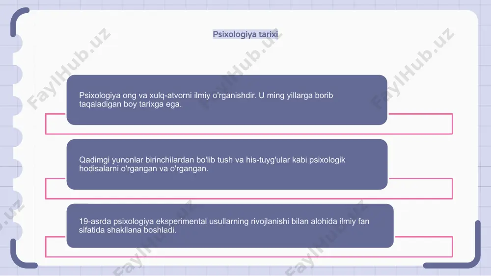nalishlaridan biri bu odamlarning o'zaro ta'siri bo'lib, u odamlarning turli xil ijtimoiy kontekstlarda boshqalar bilan qanday munosabatda bo'lishini o'rganadi. bu aloqa, hamkorlik va nizolarni hal qilish kabi omillarni o'rganishni o'z ichiga oladi. anormal psixologiya va ruhiy kasalliklar anormal psixologiya - bu ruhiy kasalliklarni tushunish va davolashga qaratilgan tadqiqot sohasi. bu g'ayritabiiy xatti-harakatlar, fikrlar va his-tuyg'ularni o'rganishni o'z ichiga oladi. ruhiy buzilishlar insonning fikrlashi, kayfiyati va xatti-harakatiga ta'sir qiladigan keng ko'lamli holatlarni anglatadi. bu buzilishlar zo'ravonlik darajasida farq qilishi va insonning kundalik hayotiga sezilarli ta'sir ko'rsatishi mumkin. g'ayritabiiy psixologiya bo'yicha ixtisoslashgan psixologlar ruhiy kasalliklarning sabablari va alomatlarini aniqlash va odamlarga tiklanish va to'liq hayot kechirishga yordam berish uchun samarali davolash rejalarini ishlab chiqish uchun ishlaydi. psixologiyaning kundalik hayotda qo'llanilishi psixologiya xulq-atvor va ruhiy jarayonlar haqidagi fandir. u his-tuyg'ular, shaxsiyat, idrok va ijtimoiy o'zaro ta'sirlarni o'z ichiga olgan keng doiradagi mavzularni o'z ichiga oladi. psixologiyani o'rganish kundalik hayotda turli yo'llar bilan qo'llanilishi …