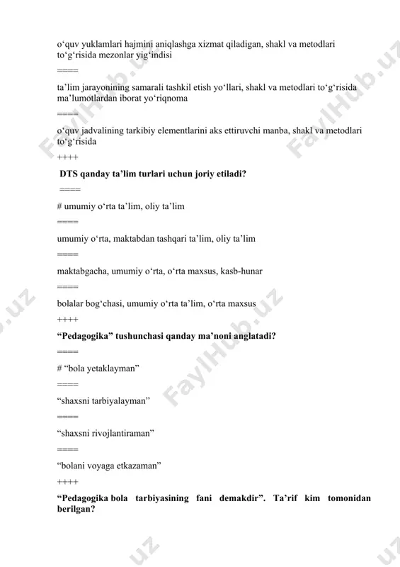 ijodiy tajriba, innovatsion tajriba ==== individual tajriba, guruh tajribasi, jamoaviy tajriba ==== laboratoriya tajribasi, amaliy tajriba, individual tajriba ++++ insonning biologik mohiyatini o‘zida aks ettiruvchi tushunchani aniqlang? ==== # individ ==== sub’ekt ==== shaxs ==== inson ++++ individ kim? ==== # xatti-harakatlarni shartli reflekslar asosida tashkil etuvchi biologik mavjudot ==== xatti-harakatlarni ongli boshqarish imkoniyatiga ega bo‘lmagan biologik mavjudot ==== xatti-harakatlarni shartsiz reflekslar asosida tashkil etuvchi biologik mavjudot ==== xatti-harakatlarni ongli ravishda tashkil etuvchi biologik mavjudot ++++ shaxs kim? ==== # psixologik jihatdan taraqqiy etgan, shaxsiy xususiyatlari va xatti-harakatlari bilan boshqalardan ajralib turuvchi, muayyan xulq-atvor va dunyoqarashga ega bo‘lgan ijtimoiy mavjudot ==== xatti-harakatlari bilan boshqalardan ajralib turuvchi, muayyan xulq-atvor va dunyoqarashga ega bo‘lgan ijtimoiy mavjudot ==== shaxsiy xususiyatlari va xatti-harakatlari bilan boshqalardan ajralib turuvchi ijtimoiy mavjudot ==== psixologik jihatdan taraqqiy etgan hamda ma’lum darajada ma’naviy-axloqiy sifatlarga ega ijtimoiy mavjudot ++++ shaxsga xos bo‘lgan barcha tug‘ma xususiyatlarning boyib borishi, yangi sifatlarning hosil …