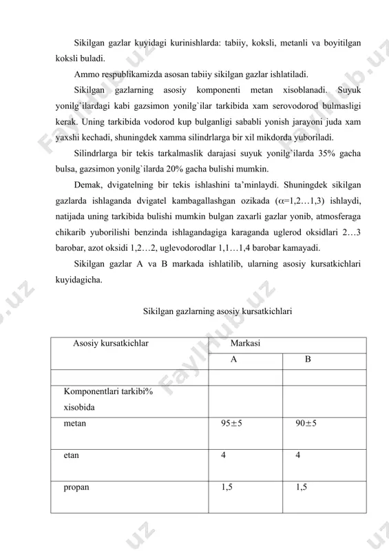 aroratda 101,08 kpa bosimda 10m3 gaz ketadi. agarda uni suvga tenglashtirsak 50l suv ketadi. gaz tuldirilgan ballonning ogirligi 65 kg gacha buladi, ya’ni 1m3 gazga 6,5 kg ogirlik tugri keladi. ammo gazda ishlaganda avtomobilning yuk kutarish kobiliyati (gaz ballonlarning ogirligi xisobida) 12…20% ga, bosib utish masofasi benzinga karaganda 200 km-gacha kamayadi. gazsimon yonilg`ida avtomobillar dvigatelining kuvvati xam oz mikdorda kamayishi mumkin. unga issiklik berish kobiliyati pastligi va tuldirilish koeffitsiyenti kam bulishi sabab buladi. shuningdek gazoballonli avtomobillarni neftning propan-butan fraksiyasidan olingan suyultirilgan gazlarda ishlatish mumkin. uning issiklik berishi 46055 kdj/m3, oktan soni 85…100 birlikgacha buladi. suyultirilgan gazlarda ishlaganda motor moyining ishlash muddati, xar-xil zararli zarrachalar kamligi sababli oshadi. suyultirilgan gazlar ikki xil markada buladi: spbtz (texnik, kishki propan-butanli aralashma) va spbtl (texnik, yozgi propan-butanli aralashma). asosiy kursatkichlari jadvalda kursatilgan. suyultirilgan gazlarning asosiy kursatikichlari asosiy kursatkichlar markalari spbtz spbtl komponentlar tarkibi % xisobi (kuli bilan) metan, etan va etilen 4 6 butan …