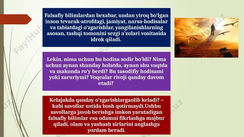 oslarini egallash ko‘zda tutilgan. grek mutafakkiri geraklit (eramizdan avvalgi 520-460 yillarda yashagan) shogirdlariga murojaat qilib, «do‘stim, sen hal i yoshsan, umringni bekor o‘tkazmay desang, falsafani o‘rgan», deganda aynan ana shu haqiqatni nazarda tutgan. boshqa bir buyuk grek faylasufi epikur (eramizdan avvalgi 470-399 yillarda yashagan) bu haqiqatni quydagicha ifoda etgan: «o‘z-o‘zingni yerga urish, tubanlashish nodonlikdan boshqa narsa emas, o‘zligingdan yuqori turish esa – faylasuflikdir». «falsafa» va «faylasuf» atamalarining talqini abu nasr farobiy falsafa – «hikmatni qadrlash» deb talqin qilgan. faylasuf – birinchi vujud tangri, u nuqsonsizdir. boshqa vujudlar tangridan yaralganligi uchun ular nuqsonlidirlar. hikmatni sevuvchilar va unga amal qiluvchilar faylasuflar. forobiy barcha mavjudotni 6 darajaga boʻladi: birinchisi, vujudi vojib — alloh; qolgan 5 tasi — aql, jon, shakl, materiya, osmon — vujudi mumkin. bu darajalar bir-biri bilan sabab-natija shaklida bogʻlangan, birinchisi oʻz sababiga ega emas. falsafiy fikrlar rivojlanishining davriy tizimi falsafa va uning baxs mavzulari falsafa tarixi ontologiya gnoseologiya metodologiya ijtimoiy …