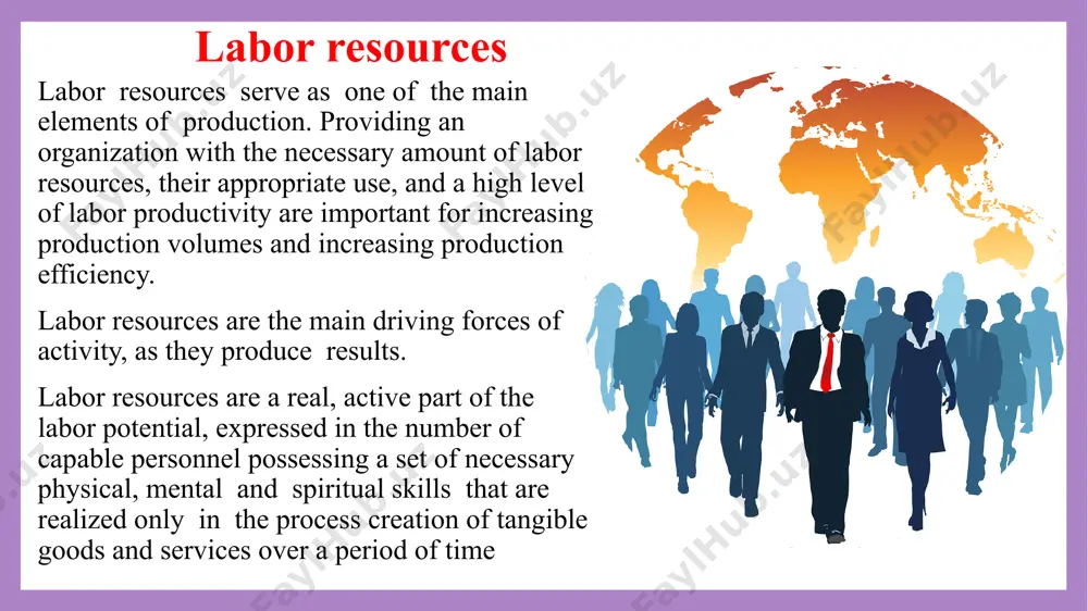 employed (functioning in the economy) people and unemployed people, but capable of starting work at any time. thus, labor resources are real and potential workers yu. m. ostapenko believes that this is “the working part of the popu-lation that has the physical development, mental abilities and knowledge necessary to perform useful work in the national economy” 5 labor productivity labor productivity is the value of goods and services produced in a period of time, divided by the hours of labor used to produce them. labor productivity measures output produced per unit of labor, usually reported as output per hour worked or output per employed person. increases in labor productivity are driven by technological change, improvements in efficiency, improvements in the quality of labor, and capital deepening (when more capital is added to a given amount of labor). labor productivity, also known as workforce productivity, is an economic indicator that helps …