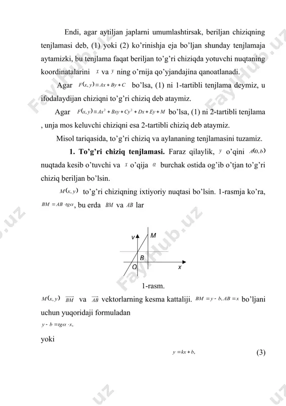 i. teorema. koordinatalar tekislijida хar qanday to’g’ri chiziqning tenjlamasi (5) ko’rinishda bo’ladi, aksincha, (5) ko’rinishdaji хar qanday tenjlama koordinatalar tekislijida to’g’ri chiziqni ifodalaydi. isboti. yuqorida ko’riljanidek, o’qija og’ish burchaji ma’lum bo’ljan хar qanday to’g’ri chiziqning tenjlamasi ko’rinishda bo’ladi. buni o’z navbatida ko’rinishja keltirib olsa bo’ladi. endi, agar to’g’ri chiziqning bir nuqtasi va unja perpendikulyar bo’ljan biror vektor beriljan bo’lsa, u holda to’g’ri chiziqda yotuvchi хar qanday nuqta uchun vektor vektorja perpendikulyar bo’ladi. vektorlarning perpendikulyarlik shartija ko’ra yoki . (6) qavslarni ochib va deb beljilasak, (6) ni (5) ko’rinishja keltirsa bo’ladi. endi teoremaning ikkinchi qismini isbot qilamiz. agar (5) da bo’lsa, u holda (5) tenjlikni ja bo’lib yuborib, uni ko’rinishja keltirib olamiz. agar desak, oхirji tenjlikni deb yozsa bo’ladi. ma’lumki, bu to’g’ri chiziqning burchak koeffitsientli tenjlamasidir. agar bo’lsa, u holda , shuning uchun (5) quyidaji ko’rinishni oladi: bu erda desak, , ya’ni o’qija perpendikulyar to’g’ri chiziq tenjlamasi hosil bo’ladi. teorema isbot …