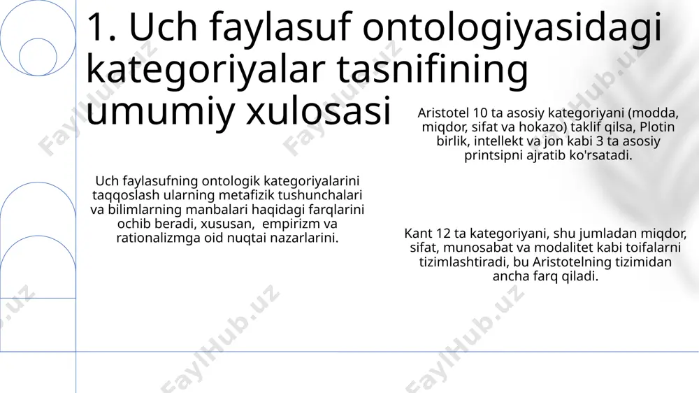 or, sifat, munosabat, joy, vaqt, holat, egalik, amal va ta'sirni o'z ichiga oladi. har bir kategoriya o'ziga xos xususiyatlarga ega bo'lib, ular ob'ektlarning turli xil tomonlarini ifodalaydi va bir-biri bilan chambarchas bog'liqdir. masalan, "uy" atamasi modda, miqdor va sifat kategoriyalariga tegishlidir. 6. aristotel ontologiyasida kategoriyalar tasnifi ikki faylasufning kategoriyalar tizimi o'rtasidagi farq ularning dunyoqarashi va bilimga bo'lgan yondashuvidagi tub farqlarni aks ettiradi: aristotelning empirizmi va plotinning neoplatonizmi. aristotel 10 ta asosiy kategoriyani (substansiya, miqdor, sifat va boshqalar) taklif qilsa, plotin esa "birlik", "aql", "jon" kabi 3 ta asosiy printsipga asoslangan iyerarxik tizimdan foydalangan. aristotelning kategoriyalari empirik kuzatishlarga asoslangan bo'lsa, plotinning kategoriyalari esa metafizik va mistik tushunchalarga tayanadi, ularning ontologik darajalari farq qiladi. 7. aristotel va plotinning kategoriyalar tizimining taqqoslanishi e'tiboringiz uchun rahmat @taqdimot_robot image1.png image2.png image3.png image4.png image5.png image6.png image7.png image8.png