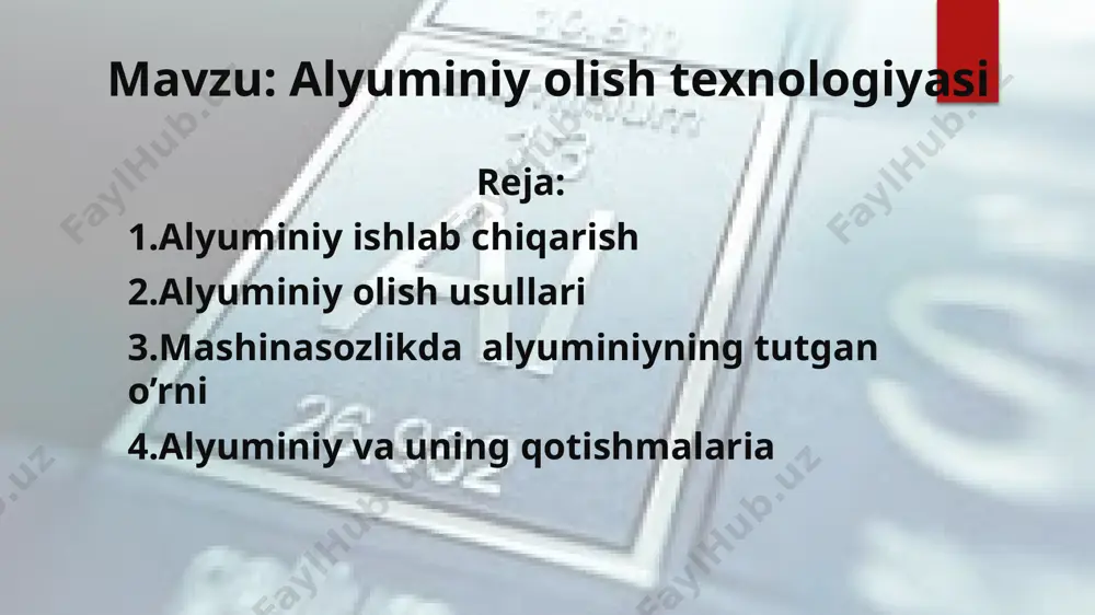 doshligini e`tiborga olib undan apparatlarning detallari, nitrat kislota solinadigan idish tayyorlanadi. turmushda turli idishlar yasaladi. metallurgiyada al ishlatiladigan eng muhim tarmoqlaridan biri u yordamida metallarni oksidlardan olishdir. al termiyani rus ximigi beketov kashf qilgan. alyuminy olishda xitoy yetakchi o’rinlarda turadi. bular alyuminiy zavodidan olingan maxsulotlar alyuminiyning duralyumin, sulyumin kabi quyma qotishmalari xozirgi paytda keng qullaniladi alyuminiy tarkibida uning gidrooksidlari hamda 12% glinazem bo’lgan rudalardan olinadi. bunday tog’ jinslarini 250dan ortiq turi mavjud bo’lib, eng asosiylari boksitla, nefelinlar, alunitlar, appatitlar va kaolinlar hisoblanadi. shartli ravishda alyuminiy ishlab chiqarish jarayonini glinozemni (al2o3) ajratish, xomaki alyuminiy olish va rafinirlash(tozalash) bosqichlaridan iborat deb qarash mumkin. birinchi bosqichda, ya’ni al2o3 ni ajratishda quyidagi uslublar qo’llaniladi: 1.ishqorli uslub tarkibida al2o3 nisbatan ozroq, fe2o3 ko’proq bo’lgan rudalarda, masalan, boksitlarda (40-60 % al2o3; 16-35 fe2o3; 3-13 % sio2; 2-4 % tio2; 1-3 % cao; 10-18 % h2o) qo’llaniladi. bu uslub al2o3 ni ishqorga [al(oh)3] aylantirishga asoslangan bo’lib, bu …