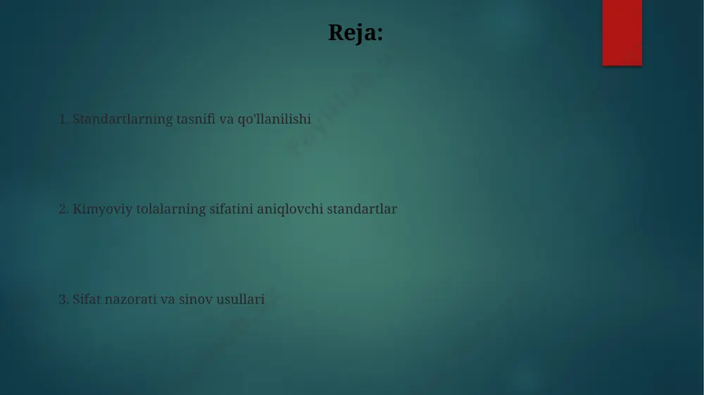 ha 15% gacha tejash talablari mavjud. ekologik standartlar tola tarkibidagi zararli kimyoviy moddalar miqdorini, masalan, formaldegidni 0,01% dan kam boʻlishi kabi aniq chegaralarni belgilab beradi. sinov usullari va apparaturalar kislotaga chidamliligini aniqlash uchun standart sinovlarda 5-10% li kontsentratsiyadagi kuchli mineral kislotalar 24 soat davomida ishlatiladi, natijada tolaning og'irlik yo'qotishi hisoblanadi. tolalarning issiqlikka chidamliligini baxolashda, differentsial skanirlovchi kalorimetriya (dsk) usuli 5-10°c/min tezlikda 100-500°c diapazonida ishlatiladi va erish nuqtasi aniqlanadi. chidamlilik standartlari har xil kimyoviy ta'sirlarga chidamliligini tekshirish uchun standartlar, ph 3-11 oralig'idagi emirish darajasini 5% dan kam bo'lishini nazarda tutadi. ximicheskiy tolalarning chidamliligini aniqlashdagi standartlar, mahsulot sifatining 90% gachasini belgilaydi, bu esa 5% dan kam bo'lgan nosozlik darajasini ta'minlaydi. xavfsizlik standartlari yongʻinga chidamlilik standartlari, masalan, yonish tezligi va yonuvchanlik darajasi (klasslari), mahsulotlarning yonuvchanligini aniqlashda muhim rol oʻynaydi va ularning xavfsizlik darajasini belgilaydi. toʻqimachilik mahsulotlaridagi zararli moddalar miqdori, masalan, formaldegid yoki ogʻir metallar miqdori, maksimal ruxsat etilgan konsentratsiyalar (mg/kg) bilan belgilanadi va …