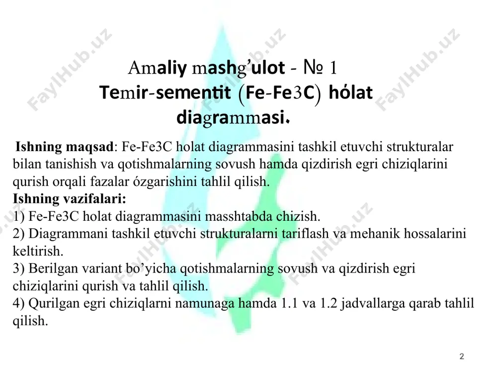 sida paydo bo’ladi. ledeburit (l) – a va s - ning mexanikaviy aralashmasi. 7270c dan pastda ledeburit p va s dan iborat bōlib,uning tarqibida 4,3% c bōladi. (l) qattiq va mōrt bōladi. ledeburit evtektoidli o’zgarish natijasida paydo bo’ladi. temir - uglerod qotishmalarning turlari 6 asd – likvidus chizigi, bu chiziqda birlamchi kristallanish boshlanadi, undan yuqorida qotishmalar suyuq holatda bōladi. aesf - solidus chizig’i, bu chiziqda birlamchi kristallanish tugaydi undan pastda qotishmalar qattiq holatda bōladi. ikkita chiziq orasida ham suyuq, ham qattiq fazalar mavjud bōladi. diagrammadagi kritik chiziqlar 7 fe-fe3c holat diagrammasi bo’yicha xususiy topshiriqlarni yechishga oid namuna: 1 -topshiriq: tarkibida 1 % uglero’d bo;lgan po’latni 1400 0s gacha qizdirganda quyidagilarni aniqlash kerak: 1. qotishmaning holati qanday? 2. suyiq qismida uglero’d miqdori qancha? 3. austenit tarkibida uglero’d miqdori qancha? 1539 1147 911 727 a c d acd-likvidus (suyuq) f e aecf-solidus (qattiq) g p q s k l sf sf+a sf+ts …