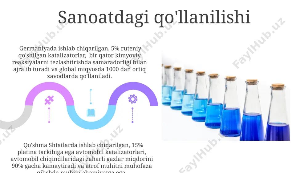 n aniqlangan. katalizator sifatida ishlatiladigan qo'shimchalarga kirish katalizator sifatida ishlatiladigan qo'shimchalar, masalan, 0,1% dan kam miqdorda qo'shilgan palladiy, avtomobil katalitik konvertorlarida 1500°s gacha bo'lgan haroratlarda karbon oksidi va azot oksidlarining parchalanishini tezlashtiradi. qo'shma shtatlarda ishlab chiqarilgan 50 dan ortiq turdagi oziq-ovqat qo'shimchalari, fermentlar sifatida, organik reaktsiyalarni tezlashtirish va oziq-ovqat mahsulotlarining saqlanish muddatini 2-3 baravar oshirish uchun ishlatiladi. e'tiboringiz uchun rahmat @taqdimot_robot image4.jpg image5.jpg image6.jpg image7.jpg image8.jpg image9.jpg image10.jpg image11.jpg image12.jpg image13.jpg image14.jpg image15.jpg image16.jpg image17.jpg image18.jpg image19.jpg image20.jpg image1.jpeg image2.jpeg image3.jpeg