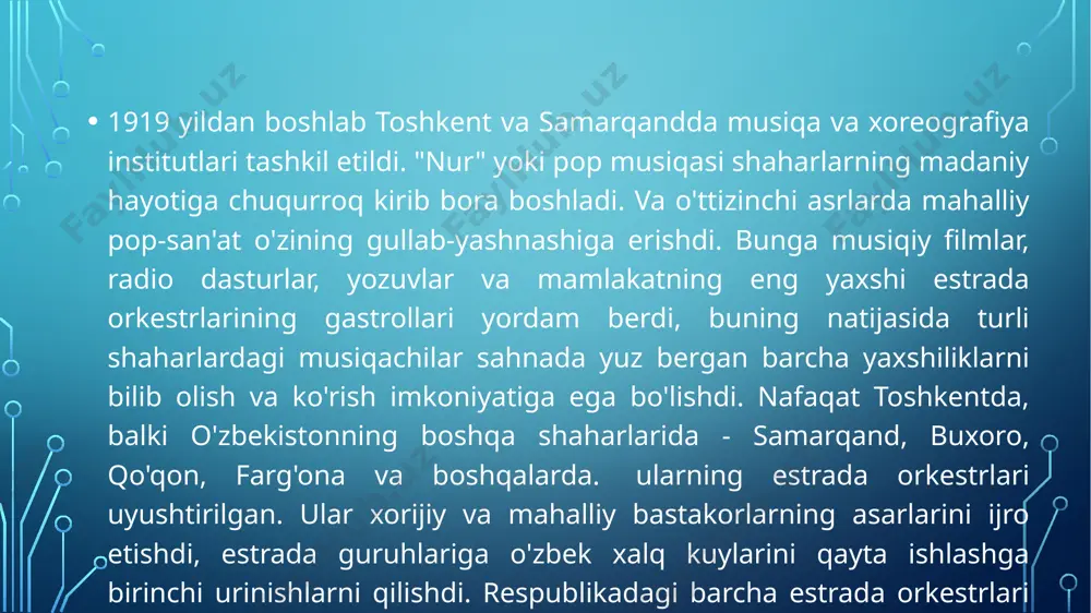 bastakorlar va shoirlar u uchun qo'shiqlar yozishdan xursandlar, uning yozuvlari tinglovchilar orasida juda mashhur. botir zokirovning ijodiy merosini o'rganish zamonaviy o'zbek aholisining dolzarb muammolarini hal etishning muhim masalalaridan biridir. 70-yillarning o'rtalari - b. zokirov ijodidagi eng samarali yil bo’lgan. uning teatr janridagi birinchi tajribasi ikrom akbarovning "so'g'diyona" operasi "leopard" librettosi edi. tarkibiy tuzilish nuqtai nazaridan b. zokirovning librettosi haqli ravishda klassik opera merosining eng yaxshi namunalari yoniga joylashtirilishi mumkin, bu esa muallifga sahna va musiqiy dramaning haqiqiy biluvchisi ekanligidan dalolat beradi. 1972 yilda botir zokirov sharqda birinchi va respublikada toshkentda birinchi pop guruhini yaratdi. u qisqa sahna hayotiga qaramay, o'zbekistonda estrada san'atining shakllanishida muhim rol o'ynagan edi. musiqiy zalda eng ko'zga tashlanadigan narsa b. zokirovning ijodiy tabiati edi, u unda nafaqat qo'shiqchi, aktyor va badiiy direktor rolini ijro etgan, balki taniqli moskvalik rejissyor mark zaxarov bilan birgalikda u dasturning rejissyori, milliy o'zbek an'analariga asoslangan. mark zaxarov va satira teatrining bosh …
