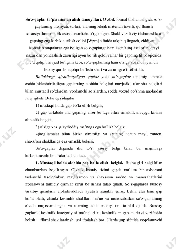 yasi ma’nolari va kesimlik ─ gap markazi vazifasida kelish ─ fikrni shakllantirish, uni ifodalash bor. ularda gap sifatida voqelanuvchi so’zning leksik ma’nosida mujassamlashgan. shu sababdan bunday gaplarda kesimlik mavjud, ammo kesimlik shakli ifodalanmagan. 2. demak, so’z-gaplar mustaqil gap bo’la olish qobiliyatiga ega bo’lganligi uchun bu so’zlarga nisbatan semantik funktsional shakllangan so’z-gaplar atamasi qo’llaniladi. bu atamadagi “semantik” tarkibiy qismi hodisaning lug’aviy (ma’noviy) tomoniga ishora qilib turadi. bunda gap markazi mavqeida kelgan leksemalarning ikki tabiiy xususiyati namoyon bo’ladi, ya’ni bunda leksik birlik ham so’z, ham gapdir. bu atamaning funktsional tarkibiy qismi esa so’z-gaplarning sintaktik vazifa bajarishi f a q a t g a p m a r k a z i v a z i f a s i d a k e l a o l i sh i bilan chegaralanganligini ifodalaydi. demak, semantik-funksional shakllangan gaplar grammatik shakllangan gaplar ([wpm])dan farq qiladi va kesimlik ma’nolari so’z-gaplarda leksik birlikning yoki atov birligi …
