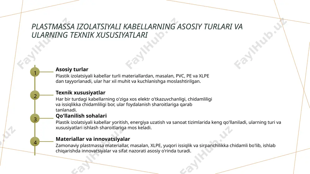 uhofazani kuchaytirishga yordam beradi. amaliy qo'llanilish sohalarida plastmassa izolatsiyali kabellarning roli va muhimligi 1 energiya ta'minoti va uzluksizlik plastmassa izolatsiyali kabellar elektr energiyasini xavfsiz va uzluksiz yetkazib berishda muhim rol o'ynaydi, ular elektr ta'minoti tizimlarining asosiy qismini tashkil qiladi. 2 sanoat va qurilishda keng qo'llanilishi ushbu kabellar sanoat va qurilish sohalarida yoritish, kuchlanishli uskunalar va avtomatlashtirish tizimlarida barqaror va ishonchli ishlash uchun keng qo'llaniladi. 3 transport va kommunikatsiya plastmassa izolatsiyali kabellar transport va kommunikatsiya sohalarida yuqori chidamlilik va xavfsizlikni ta'minlab, uzoq muddatli foydalanishga mos keladi. xulosa plastmassa izolyatsiyali kabellar xususiyatlari plastmassa izolatsiyali kabellar muhitga moslashgan, chidamli va uzoq muddatli ishlash uchun yuqori sifatli materiallardan tayyorlanadi, xavfsizlikni ta'minlaydi. zamonaviy materiallar va texnologiyalar yangilangan materiallar va texnologiyalar kabellarning chidamliligini oshiradi, ekologik xavfsizlikni ta'minlaydi va ishlab chiqarish jarayonlarini yanada samarali qiladi. amaliy qo’llanilishi va muhimligi ushbu kabellar energiya, sanoat va transport sohalarida muhim rol o'ynaydi, xavfsizlik va ishonchlilikni ta'minlab, iqtisodiy va ekologik manfaatlarga …