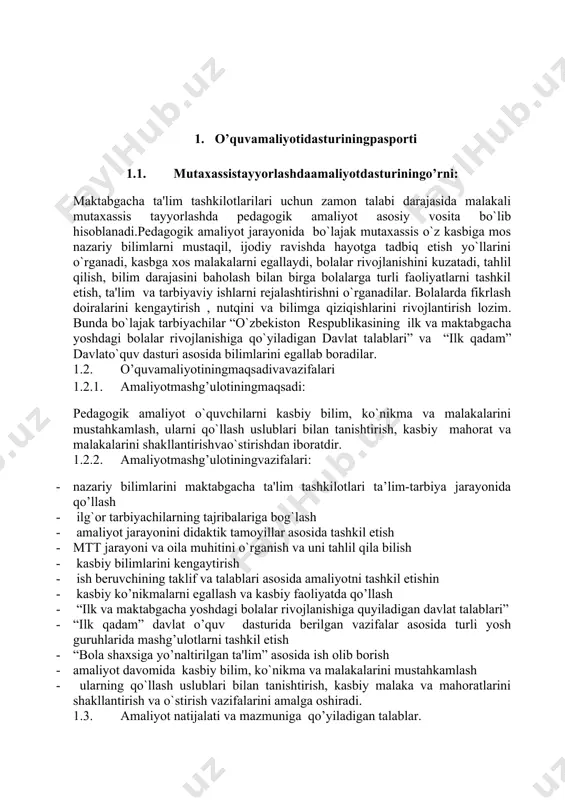 petenssiyakodivanomi amaliyotnatijasinomi nazoratvabaholashshakllarivausullari kommunikativkompetenssiya samaralimuloqotqilaolish bolalardapsixik jarayonlari, holatlari va xususiyatlarini rivojlanishini axborotbilanishlashkompetenssiya mediyamanbaalaridanzaruraxborotlarniizlabtoppish,qaytaishlash,saqlashvaulardansamalarifoydalanish pedagogiktexnologiyametodlaribo’yichanazorat qilish o’z-o’zinirivojlantirishkompetenssiyasi o’z-ozinijismoniy,ma’naviy ,ruxiyvaintelektualrivojlantirish,kamolotgaintilish individualtopshiriqlarvakichikguruhlardaishlashbo’yicha baholash. ijtimoiyfaolfuqarolikkompetenssiyasi o’ziningfuqarolikburchvahuquqlarinibilishivaungarioyaetishi,mehnatvafuqarolikmunosabatlardamuomilavahuquqiymadaniyatgaegabo’lish muammoliovaziyatlarvakichikguruhlardaishlashbo’yicha baholash. individual so’rov o’tkazish. umummadaniykompetenssiya vatangasadoqatli, insonlargamehr-oqibatli,umuminsoniyhamdamilliyqadryatlargaetiqodlibo’lish individualtopshiriqlarvakichikguruhlardaishlashbo’yicha baholash.kompetensiyaligi 1. o’quv amaliyot natijalari kompetensiyakodi kompetensiyanomi amaliyotnatijasinomi kk-1.1. o’zbеkiston rеspublikasining “ilk vamaktabgachayoshdagibolalarrivojlanishigaqo’yiladigandavlattalablari” va mtt o’quv dasturi asosidata'lim-tarbiyaviyishlarniolibborish, maktabta’limigasifatlitayyorlashishlaridayordamberish. davlat talablariva “ilk qadam” o’quv dasturi asosida rеjalashtirilganmavzularbo’yichaisholibboradi. bolalarnimaktabta’limigasifatlitayyorlashishlaridayordamberadi. kk -1.2. bino ichidava yеr maydonchasidabolalarningsog’lig’ivahayotinimuhofazaqilishyo’riqnomasitalablariasosida tеgishliqat'iynazoratniolibborish; yo’riqnomatalablariasosidaishlaydi, xavfsizxududvasharoittanlayoladi. kk -1.3. tarbiyalanuvchilaro’rtasidasanitariya-gigyenikko’nikmalarnihosilqilish, tarbiyachiarahbarligidabolalarningsalimatliginisaqlashvamustahkamlashuchunsharoitlaryaratish, jismoniysog’lomlashtirishishlaridako’maklashish, bola shikastlangandayokiboshqaholatlardabirinchit