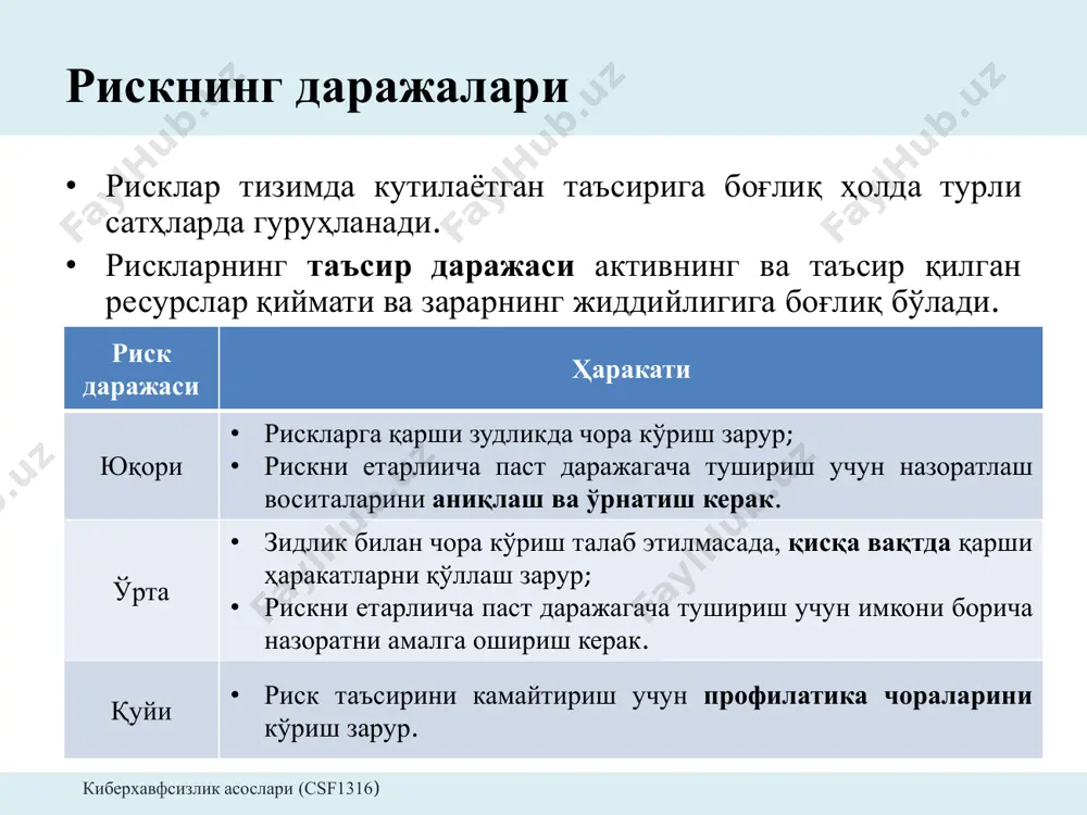 иш: рискни даволаш босқичлари • назоратлашни амалга ошириш орқали заифликларни бартараф этиш билан рискларни камайтириш.рискни камайтириш • рискни даволаш жавобгарлигини бошқа ташкилот ёки бўлимга трансфер қилиш.рискни трансфер қилиш • бевосита ёки танланган назоратни амалга ошириш орқали таҳдид ёки заифлик билан алоқадор рискларни камайтириш.рискка қарши курашиш • рискларни бошқариш, трансфер қилиш ёки камайтириш ҳаракатлари тармоқдаги риск таъсиридан ошиб кетганда қабул қилинади.рискни қабул қилиш • рискнинг сабаб ва оқибатини камайтиришрискдан қочиш • рискка қарши чоралар режаси, рискларни устуворлаштириш, қарши чораларни амалга ошириш орқали рискларни бошқариш.рискни режалаштириш • заифликларни тадқиқ қилиш ва уларни бартараф этувчи назоратни аниқлаштақдиқот ва билимлар киберхавфсизлик асослари (csf1316) рискни бошқариш: риск мониторинги ва кўриб чиқиш риск мониторинги • риск мониторинги янги рискларни пайдо бўлиш имкониятини аниқлайди. • риск мониторинги рискни тутувчи мос назорат усули амалга оширилганлигини кафолатлайди. • риск мониторинги шунингдек рискни эҳтимоли, таъсири, ҳолати ва ошкор бўлишини ўз ичига олади. рискни кўриб чиқиш • рискни кўриб чиқиш орқали …