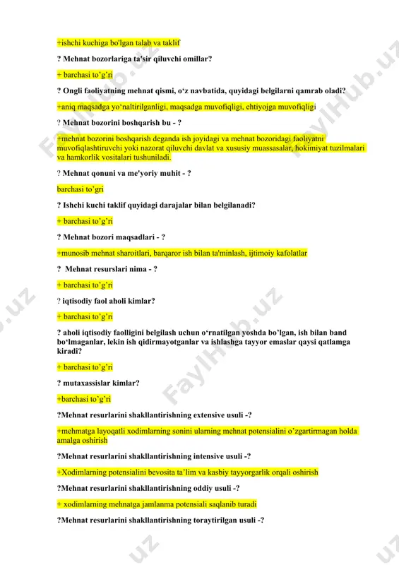 rchasi to’g’ri ? mehnat bozori maqsadlari - ? +munosib mehnat sharoitlari, barqaror ish bilan ta'minlash, ijtimoiy kafolatlar ? mehnat resurslari nima - ? + barchasi to’g’ri ? iqtisodiy faol aholi kimlar? + barchasi to’g’ri ? aholi iqtisodiy faolligini belgilash uchun o‘rnatilgan yoshda bo’lgan, ish bilan band bo‘lmaganlar, lekin ish qidirmayotganlar va ishlashga tayyor emaslar qaysi qatlamga kiradi? + barchasi to’g’ri ? mutaxassislar kimlar? +barchasi to’g’ri ?mehnat resurlarini shakllantirishning extensive usuli -? +mehmatga layoqatli xodimlarning sonini ularning mehnat potensialini o’zgartirmagan holda amalga oshirish ?mehnat resurlarini shakllantirishning intensive usuli -? +xodimlarning potensialini bevosita ta’lim va kasbiy tayyorgarlik orqali oshirish ?mehnat resurlarini shakllantirishning oddiy usuli -? + xodimlarning mehnatga jamlanma potensiali saqlanib turadi ?mehnat resurlarini shakllantirishning toraytirilgan usuli -? +xodimlarning mehantga jamlanma potensiali ham mehnat foaliyatiga qodir bo’lganlarning ham soni kamayadi, ham ularning kasbiy tayyorgarlik darajasi yomonlashadi ?mehnat resurlarini shakllantirishning kengaytirilgan usuli -? + xodimlarning mehantga jamlanma potensiali ortadi, bunda mehnatga jamlanma qobiliyatning …