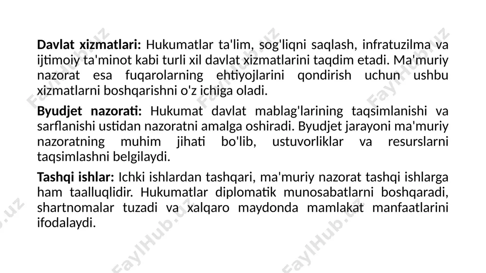 kurorning bevosita aralashishiga, shuningdek idoraviy boshqaruv va tekshiruv organlarining vazifalarini bajarishiga yo‘l qo‘yilmaydi. o‘zbekiston respublikasining qonuni (24.12.1998 yildagi 717-i-son) xo‘jalik yurituvchi subyektlar faoliyatini davlat tomonidan nazorat qilish to‘g‘risida 18-modda. xo‘jalik yurituvchi subyektlar faoliyatiga aralashmaslikni kafolatlash nazorat qiluvchi organlarning mansabdor shaxslari xo‘jalik yurituvchi subyektlarning qonunchilikka muvofiq amalga oshiriladigan faoliyatiga aralashishga haqli emas. agar nazorat qiluvchi organlarning mansabdor shaxslari xo‘jalik yurituvchi subyektlarning faoliyatida qonunchilik buzilganligini aniqlasalar, ular o‘zlariga berilgan vakolat doirasida va muayyan qoidabuzarlikni bartaraf etish bilan bevosita bog‘liq chora-tadbirlarni ko‘rishlari mumkin. nazorat qiluvchi organlarning mansabdor shaxslari qoidabuzarlik holati mavjudligidan xo‘jalik yurituvchi subyektlarning boshqa qonuniy faoliyatiga aralashish yoki uni cheklash uchun asos sifatida foydalanishga haqli emas. o‘zbekiston respublikasining qonuni (02.04.2019 yildagi o‘rq-532-son) jazoni ijro etish muassasalaridan ozod qilingan ayrim toifadagi shaxslar ustidan ma’muriy nazorat to‘g‘risida qonunning maqsadi jazoni ijro etish muassasalaridan ozod qilingan ayrim toifadagi shaxslar ustidan ma’muriy nazorat bilan bog‘liq munosabatlarni tartibga solishdan iborat. ma’muriy nazoratning asosiy vazifasi jazoni ijro etish …