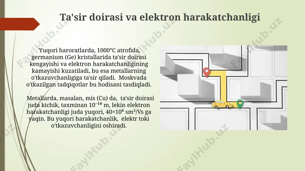 heklangan. masalan, -270°c da aniqroq natijalar olish uchun kvant mexanikasi kerak. yaxlitlash va aniqlik masalalari yuqori aniqlikdagi o'lchovlarni olish uchun, masalan, 10 15 sm -3 tartibidagi konsentratsiyalarni aniqlashda, temperatura 20°c da turib, germaniyadagi maxsus apparaturalardan foydalanish talab etiladi. noto'g'ri natijalarni oldini olish uchun, namunadagi aralashmalar miqdorini 0,01% dan kamroq bo'lishini ta'minlash, va natijalarni aqsh milliy standartlariga solishtirish tavsiya etiladi. zaryad tashuvchilar turlari: elektronlar va teshiklar teshiklarning konsentratsiyasi p-tip yarimo'tkazgichlarda, misol uchun, alyuminiy bilan legirlangan galliy arsenidida (gaas:al), 10¹⁵ dan 10¹⁹ sm⁻³ gacha bo'lishi mumkin, bu esa materialning xususiyatlariga bog'liq. elektron va teshiklarning konsentratsiyalari nisbati, masalan, germaniya (ge) singari intrinsik yarimo'tkazgichlarda, taxminan 1 ga teng bo'ladi, lekin legirlash bilan keskin o'zgaradi. o'tkazuvchanlik mexanizmlari germaniyda o'tkazgichlikni o'rganishda, 77 k dan yuqori haroratlarda fononlar tarqalishi tufayli o'tkazuvchanlikning kamayishi kuzatiladi, bu esa elektronlarning harakatlanishini cheklaydi va energiya yo'qotishlariga olib keladi. o'zbekistonning toshkent shahridagi laboratoriyalarda o'tkazilgan tajribalar shuni ko'rsatdiki, ba'zi metallarda 10²⁰ sm⁻³ konsentratsiyaga ega …